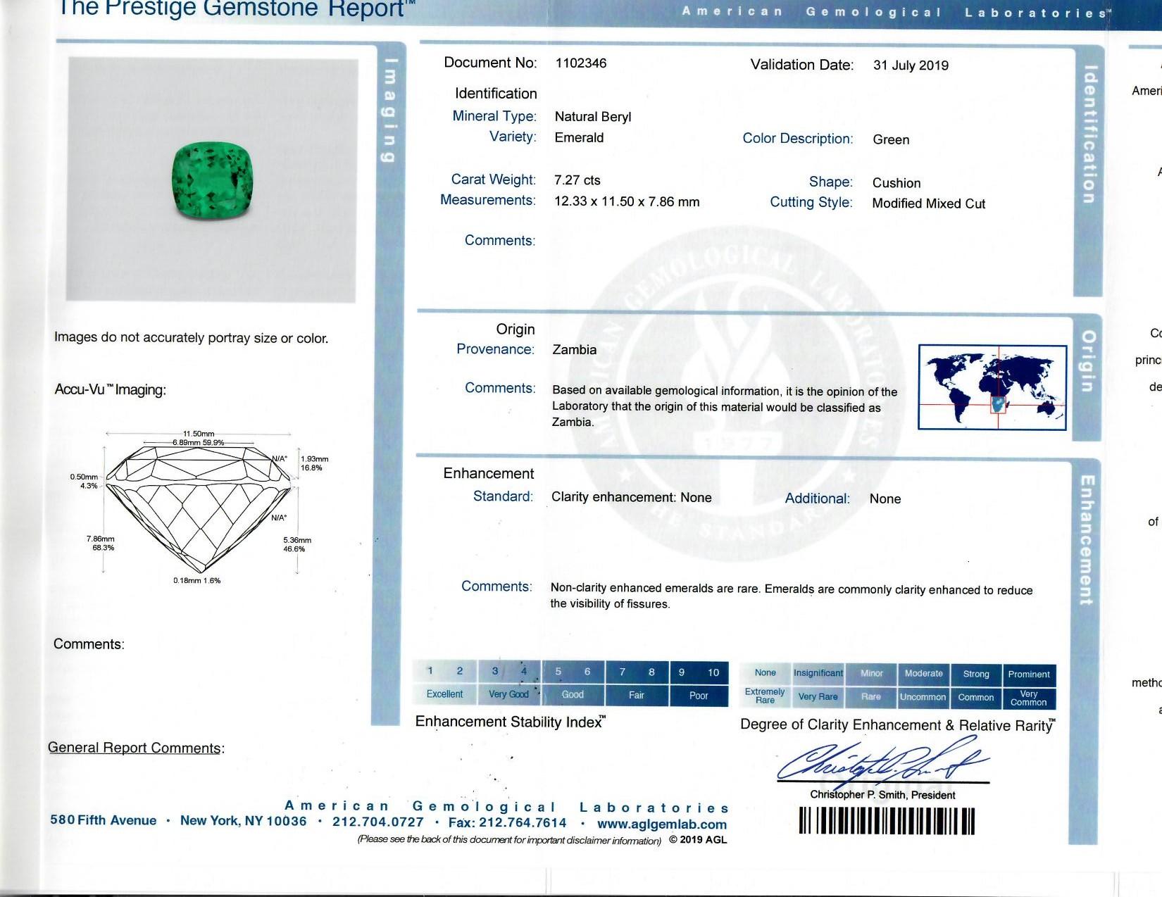 7.27 Carat Cushion Cut No Oil Green Emerald and Diamond Engagement Ring In New Condition In New York, NY