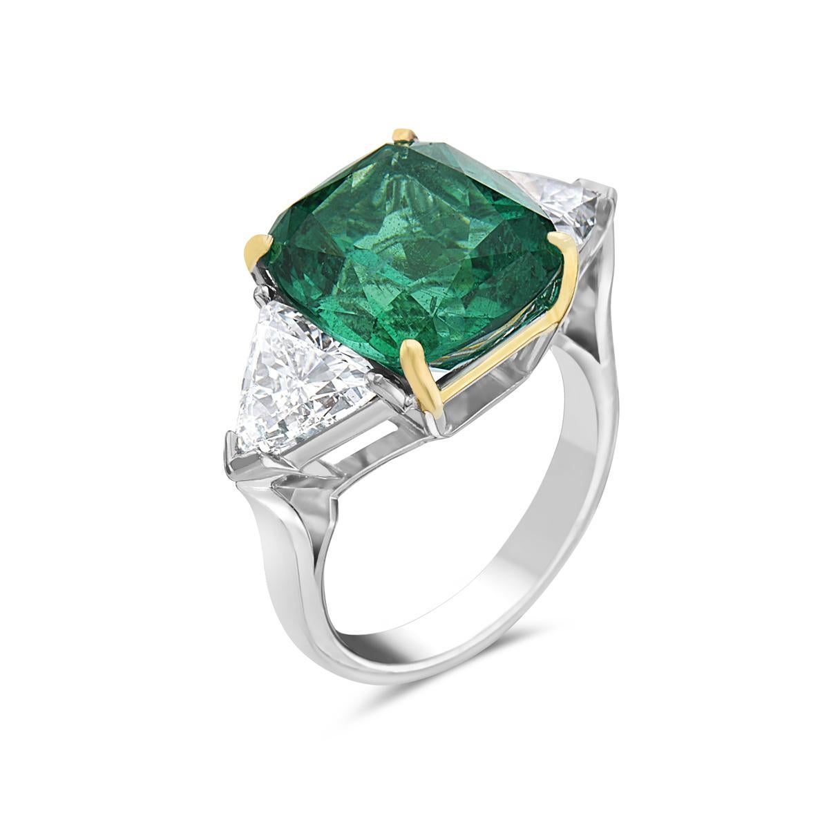 7.27 Carat Cushion Cut No Oil Green Emerald and Diamond Engagement Ring 3