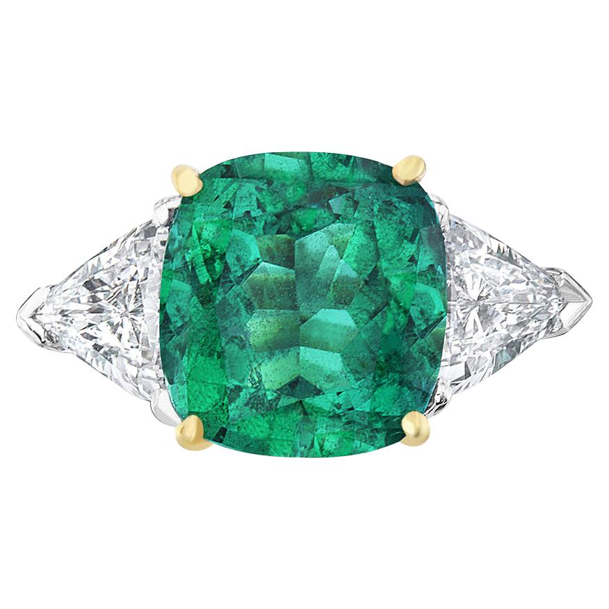 7.27 Carat Cushion Cut No Oil Green Emerald and Diamond Engagement Ring