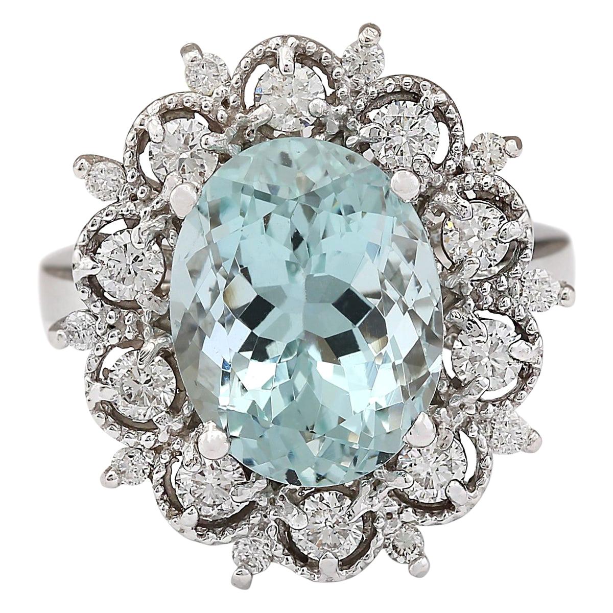 Stunning Natural Aquamarine Diamond Ring In 14 Karat White Gold  For Sale
