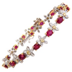 Bracelet tennis en or 18 carats avec grappe de fleurs en diamants et rubis naturels rouges de 7,27 carats