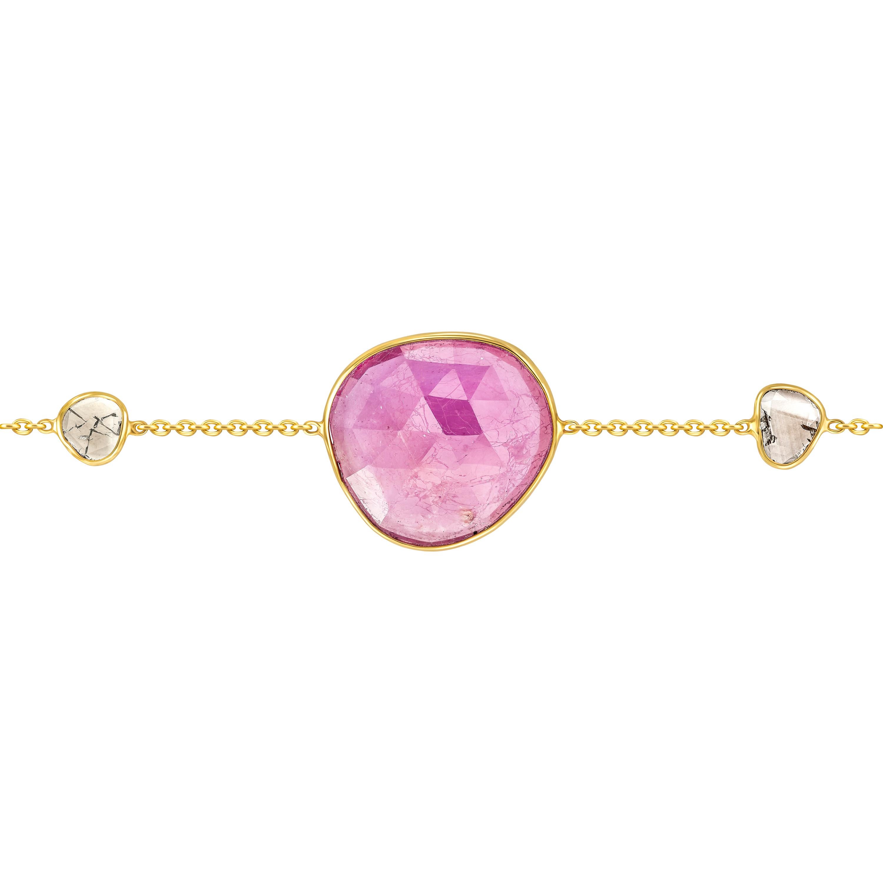 Adorn your wrist with this beautiful 7.05 Carat Rose Cut Ruby Bracelet from the Artisan Collection made by Tresor Paris featuring 0.22 Carat in two Diamond slices set in 18 Karat Yellow Gold. Each piece is hand made with a unique shaped precious
