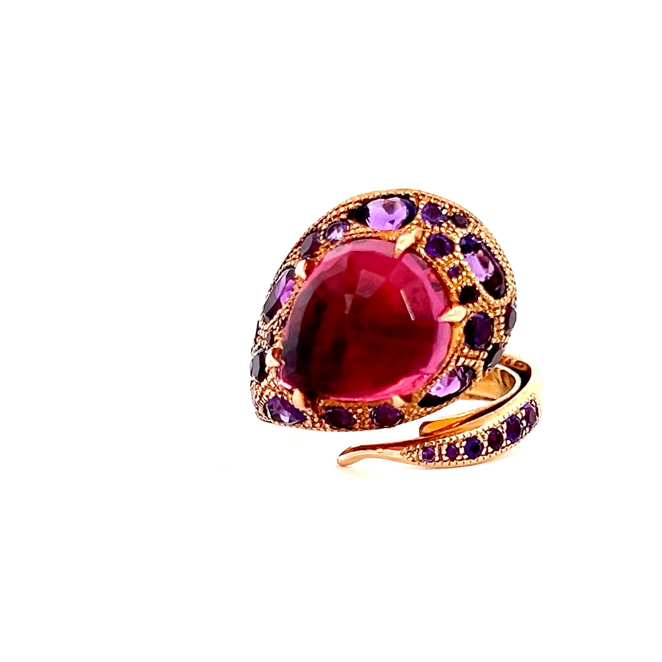 Mixed Cut 7.27 Carat Rose Rubellite and Amethyst Serpent Cocktail Dome Ring