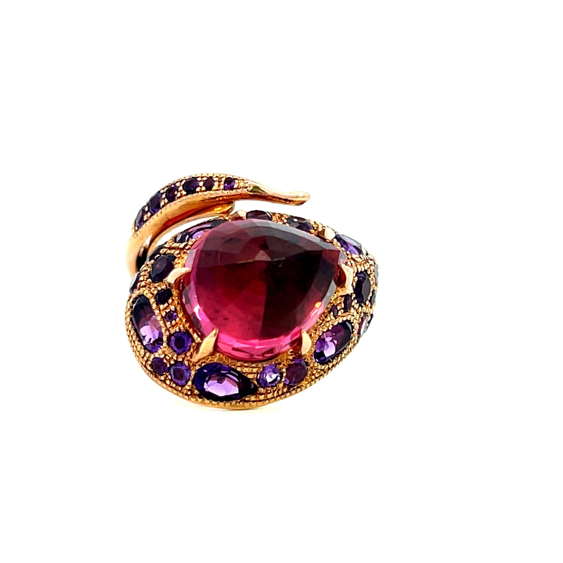 7.27 Carat Rose Rubellite and Amethyst Serpent Cocktail Dome Ring 2