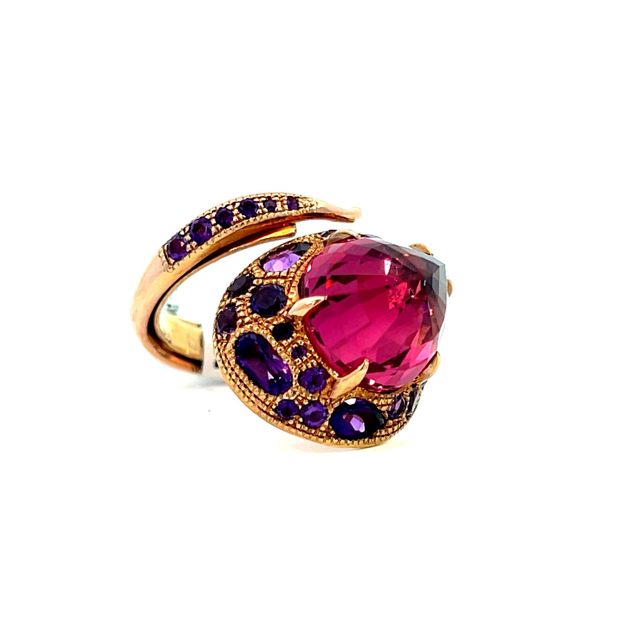 7.27 Carat Rose Rubellite and Amethyst Serpent Cocktail Dome Ring 3