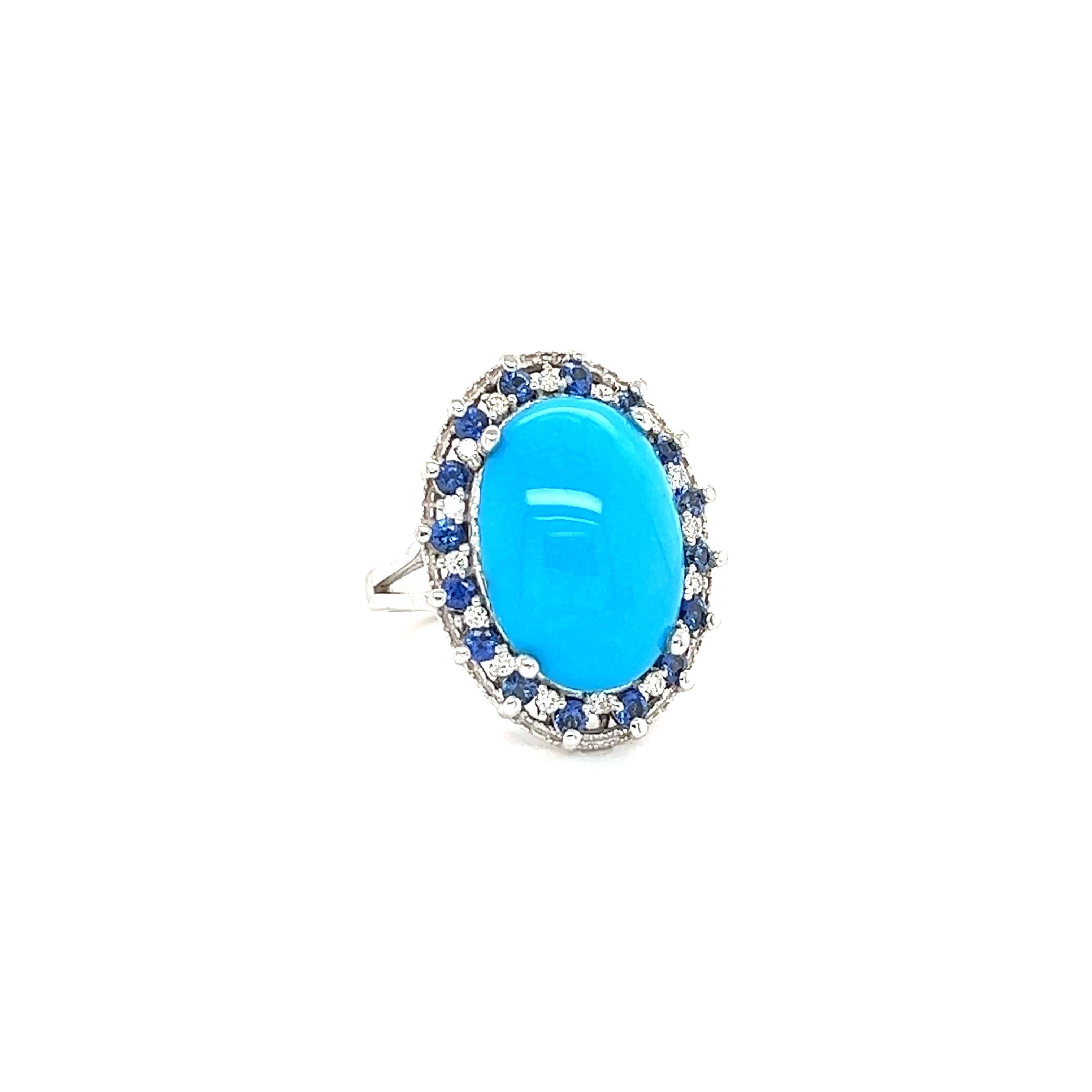 Contemporary 7.46 Carat Turquoise Sapphire Diamond White Gold Cocktail Ring For Sale