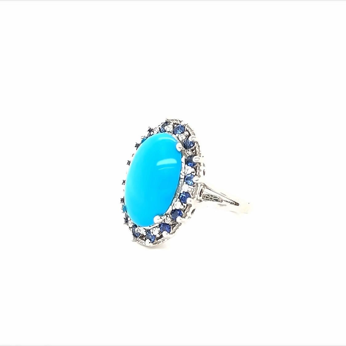 Oval Cut 7.46 Carat Turquoise Sapphire Diamond White Gold Cocktail Ring For Sale