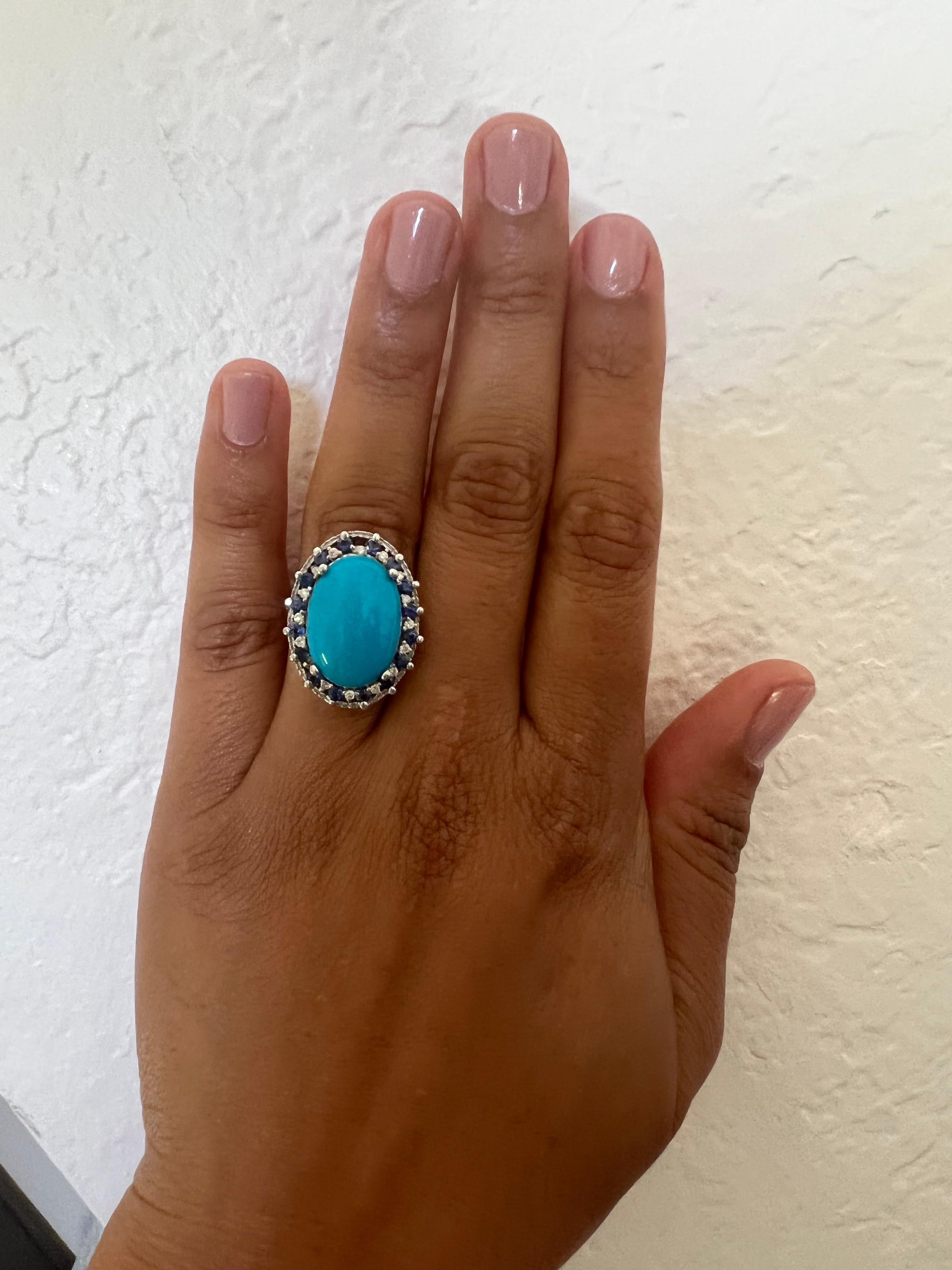 Oval Cut 7.46 Carat Turquoise Sapphire Diamond White Gold Cocktail Ring For Sale