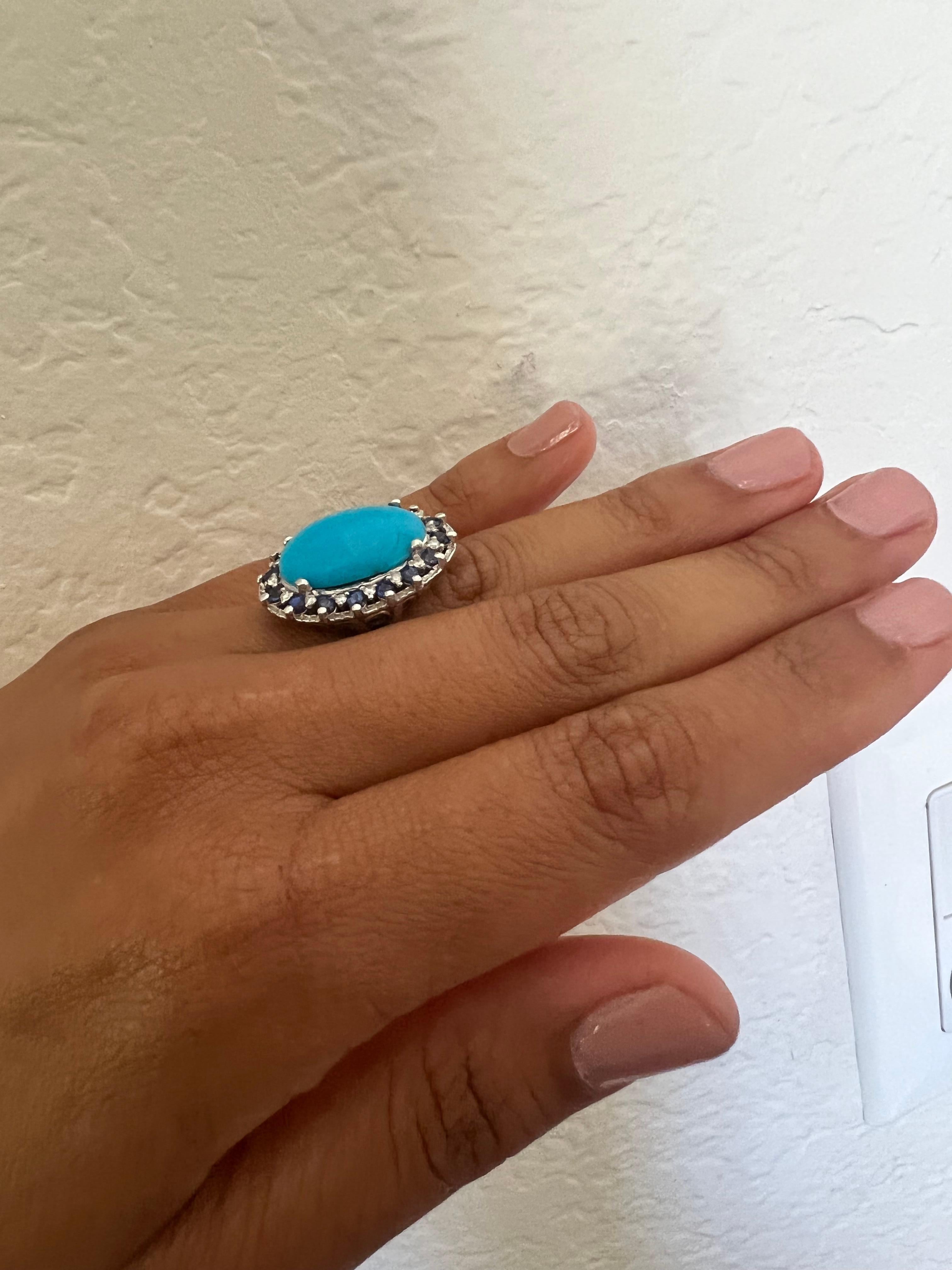 Women's 7.46 Carat Turquoise Sapphire Diamond White Gold Cocktail Ring For Sale