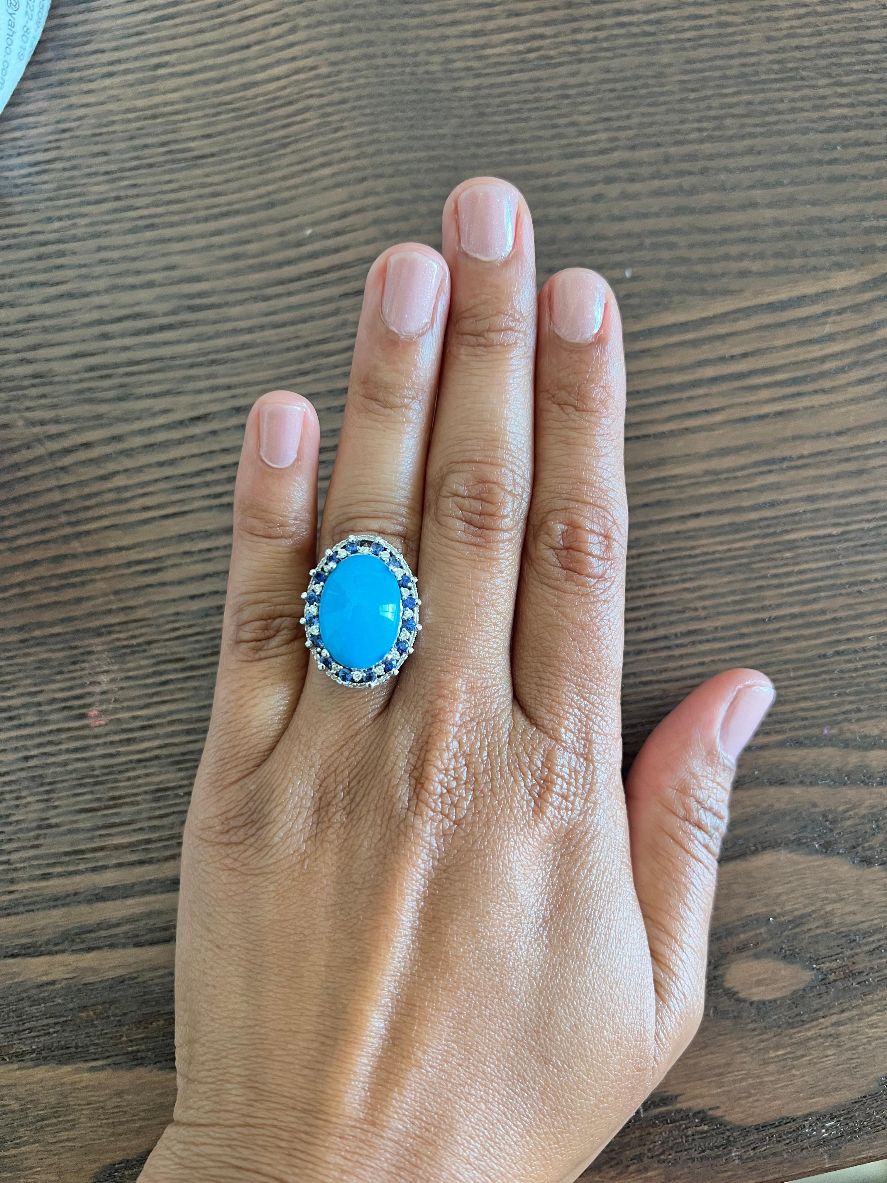 Women's 7.46 Carat Turquoise Sapphire Diamond White Gold Cocktail Ring For Sale
