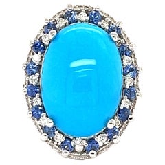 7.27 Carat Turquoise Sapphire Diamond 14 Karat White Gold Cocktail Ring
