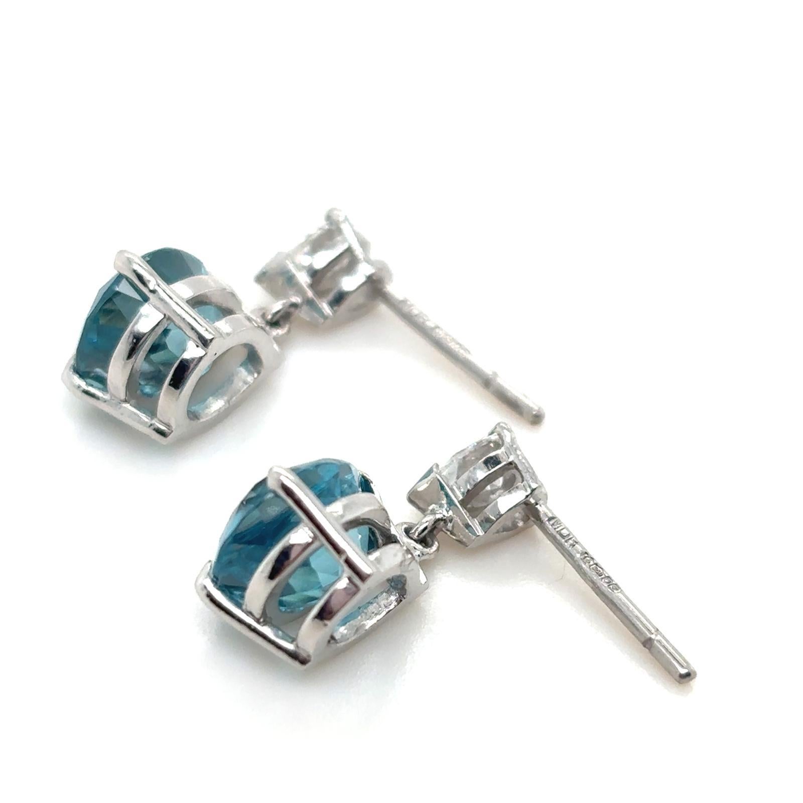 Women's 7.27 Ct Blue Zircon and Diamond Pear on Pear Drop Earrings Platinum For Sale
