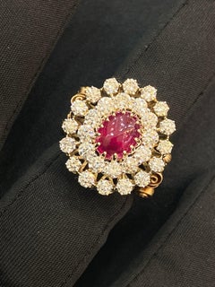 7.27 Cts F/VS1 Round Brilliant Cut Diamonds Ruby Cocktail Ring 14K Yellow Gold