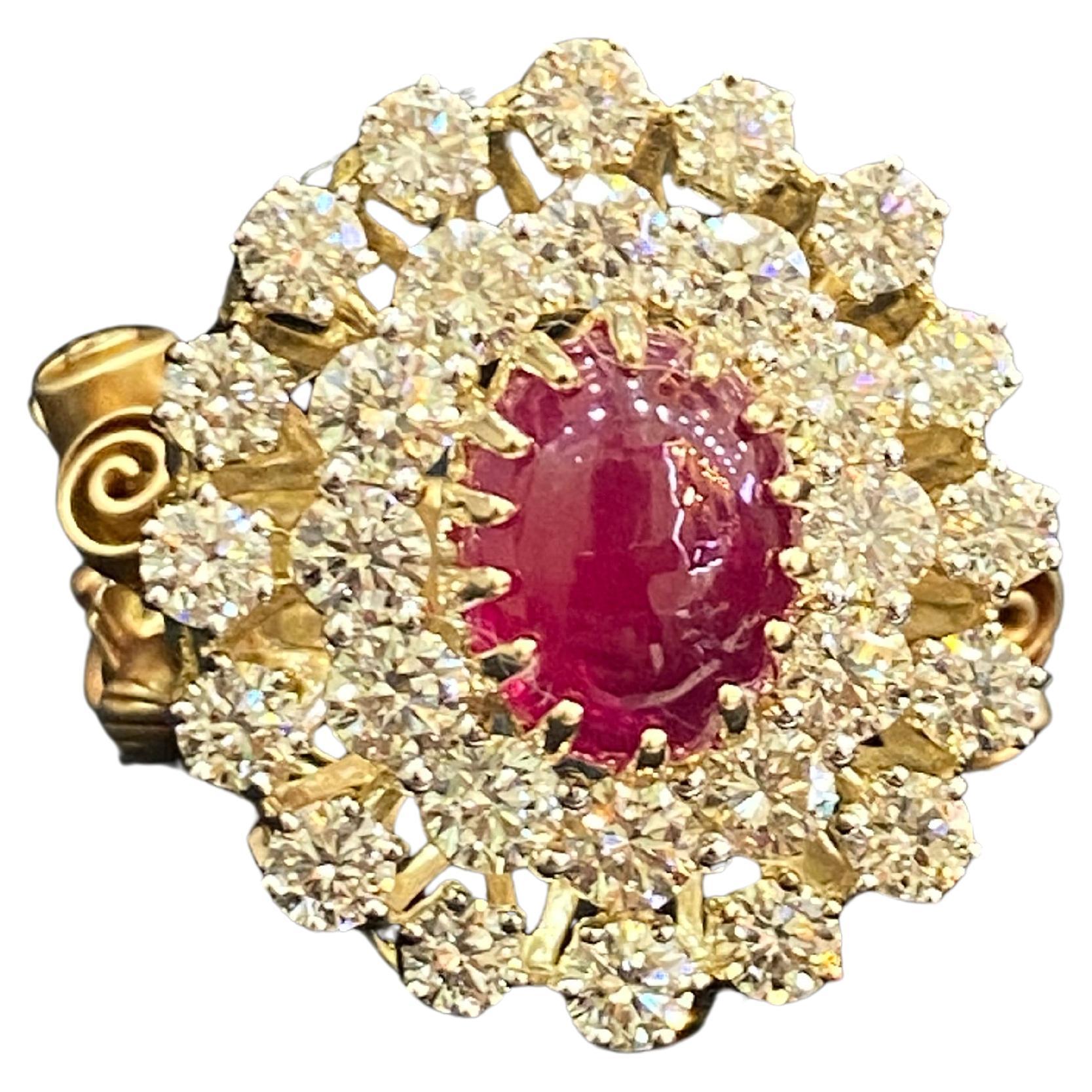 7.27 Cts F/VS1 Round Brilliant Cut Diamonds Ruby Cocktail Ring 14K Yellow Gold For Sale