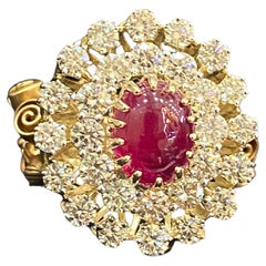 7.27 Cts F/VS1 Round Brilliant Cut Diamonds Ruby Cocktail Ring 14K Yellow Gold