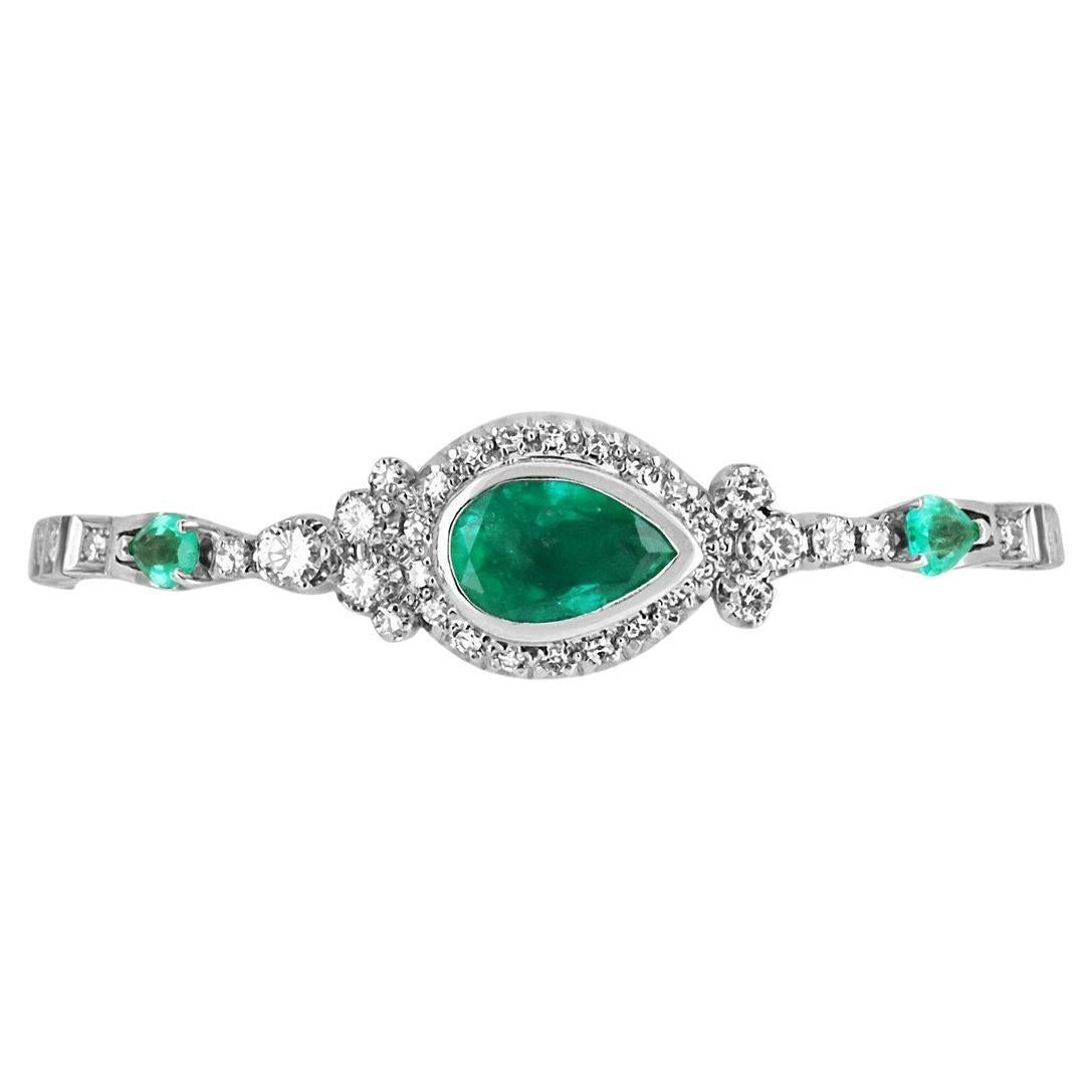 7.27tcw Colombian Emerald & Diamond 14K Vintage Pear Cut Bracelet Gold Bangle For Sale