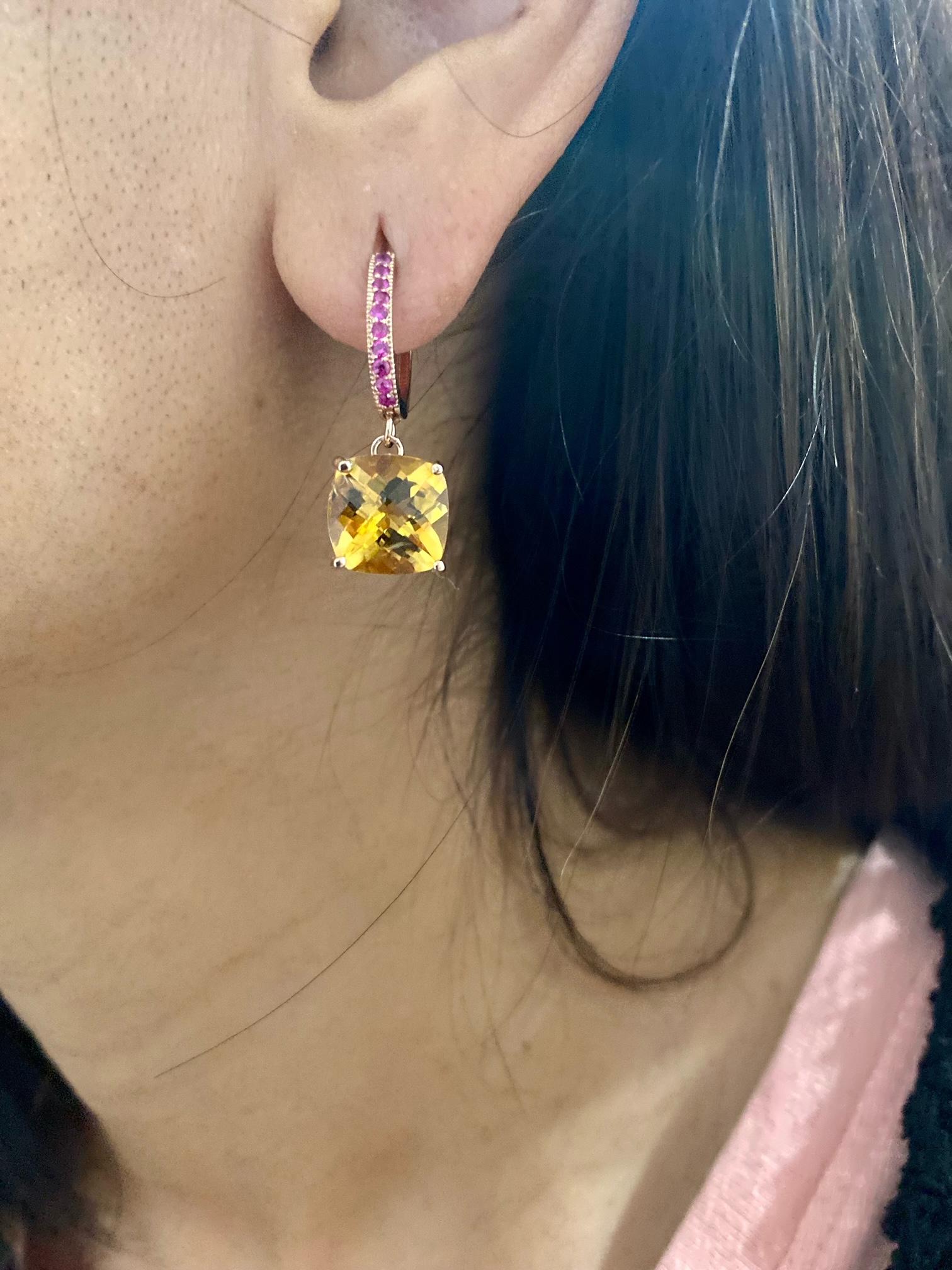 Cushion Cut 7.28 Carat Citrine Pink Sapphire Rose Gold Drop Earrings