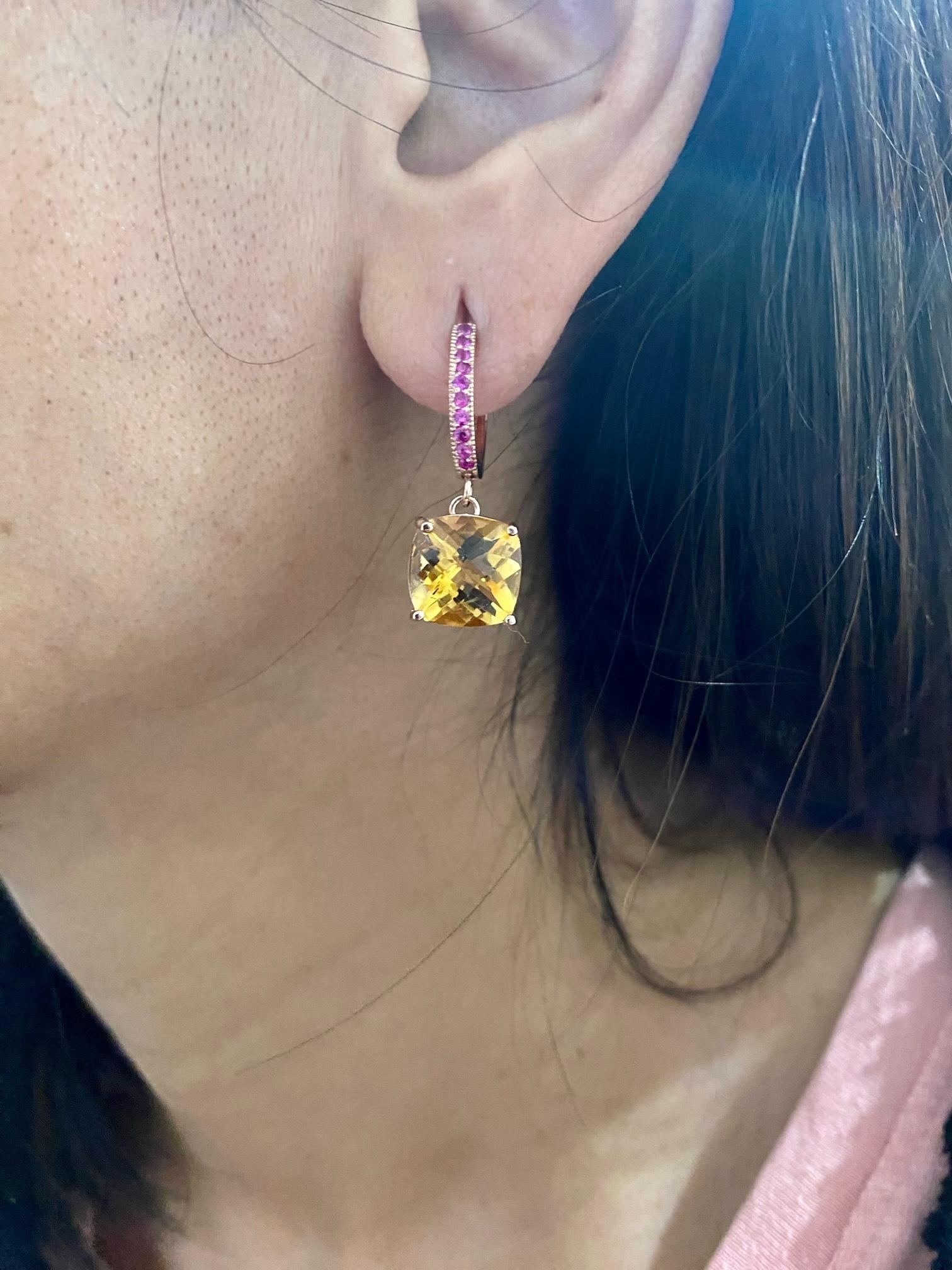 7.28 Carat Citrine Pink Sapphire Rose Gold Drop Earrings In New Condition In Los Angeles, CA