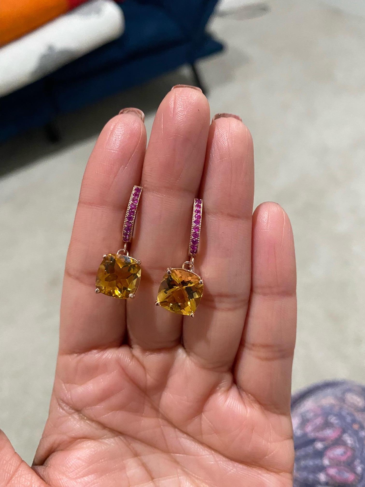 Women's 7.28 Carat Citrine Pink Sapphire Rose Gold Drop Earrings