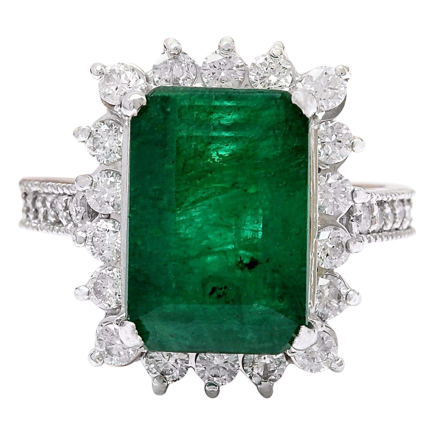 Elegant Natural Emerald Diamond Ring In 14 Karat Solid White Gold  For Sale