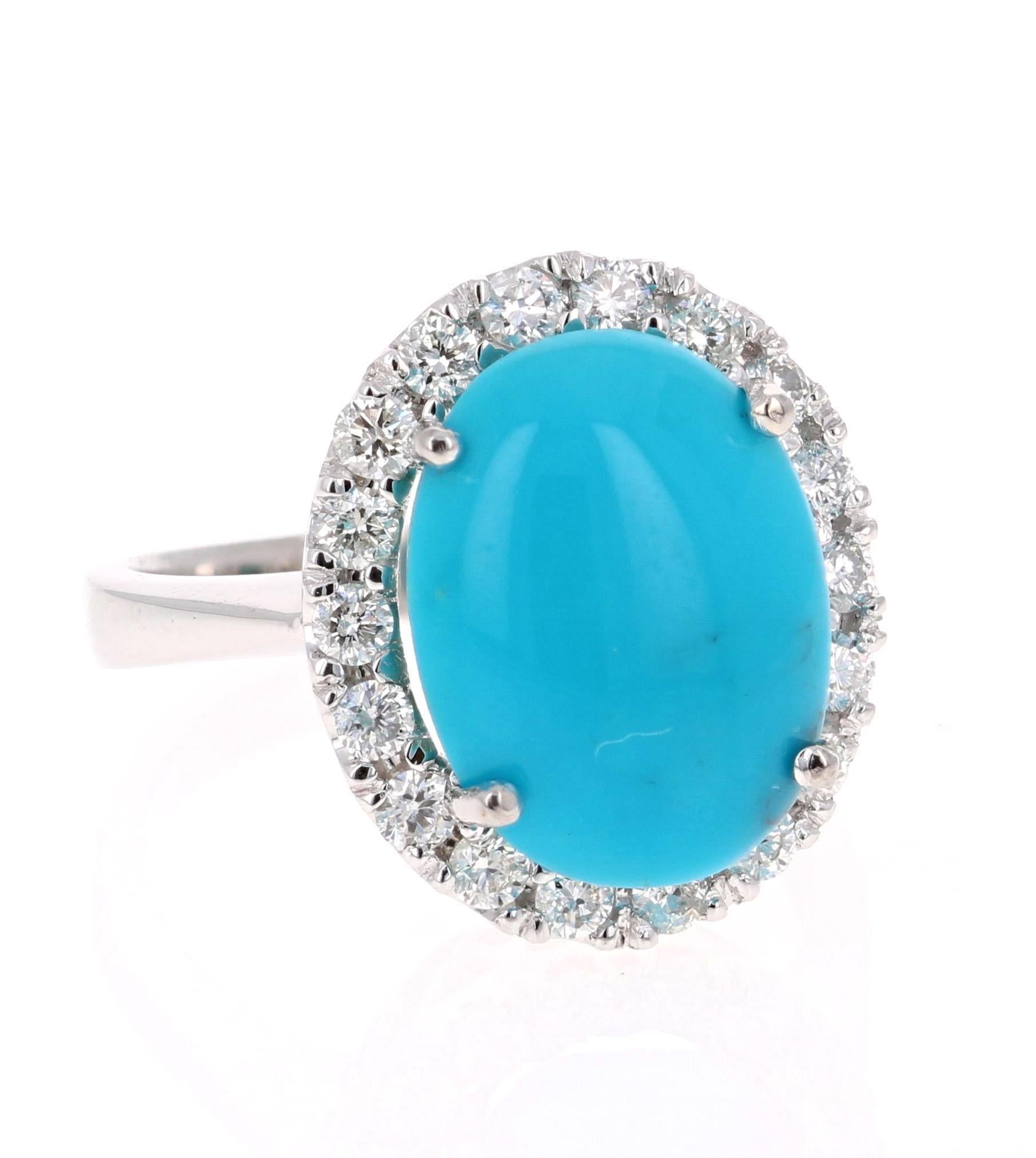Beautiful Turquoise Diamond Cabochon Cocktail Ring!
The Oval Cut Cabochon Turquoise is 6.63 Carats and has a halo of 18 Round Cut Diamonds weighing 0.65 Carats (Clarity: SI2, Color: F). The total carat weight of the ring is 7.28 Carats. 

It is