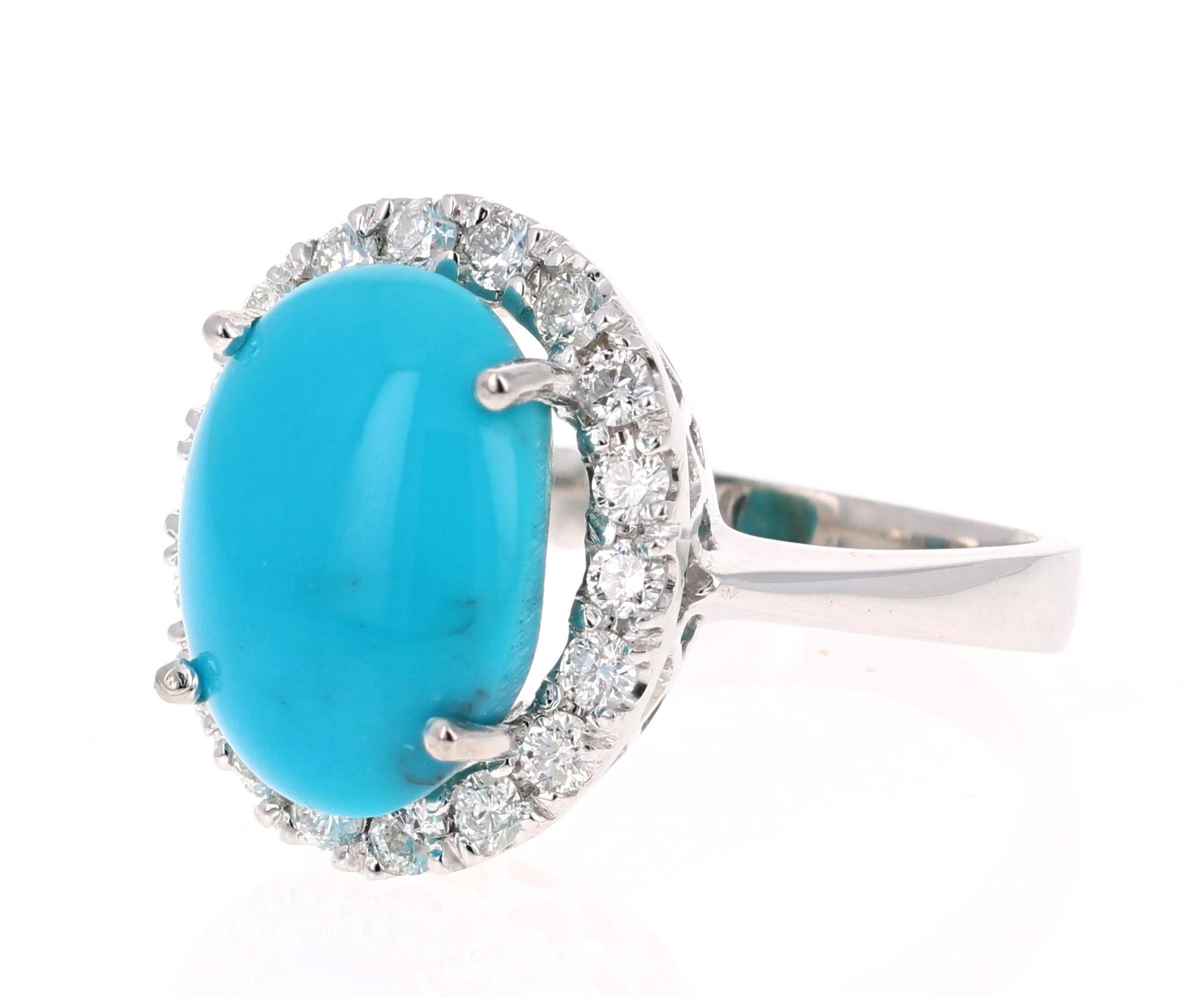 Contemporary 7.28 Carat Oval Cut Turquoise Diamond White Gold Cocktail Ring For Sale