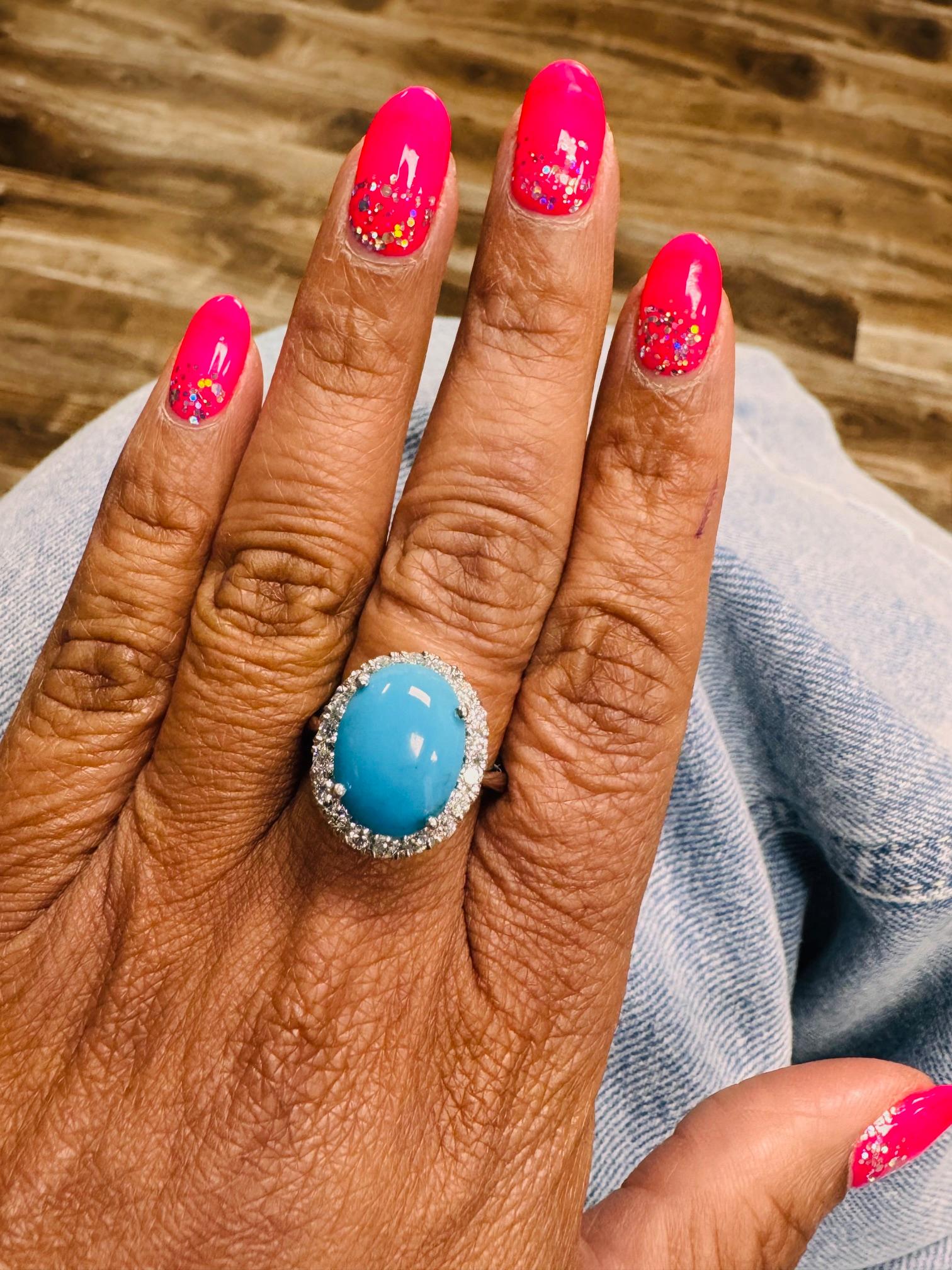 7.28 Carat Oval Cut Turquoise Diamond White Gold Cocktail Ring For Sale 2