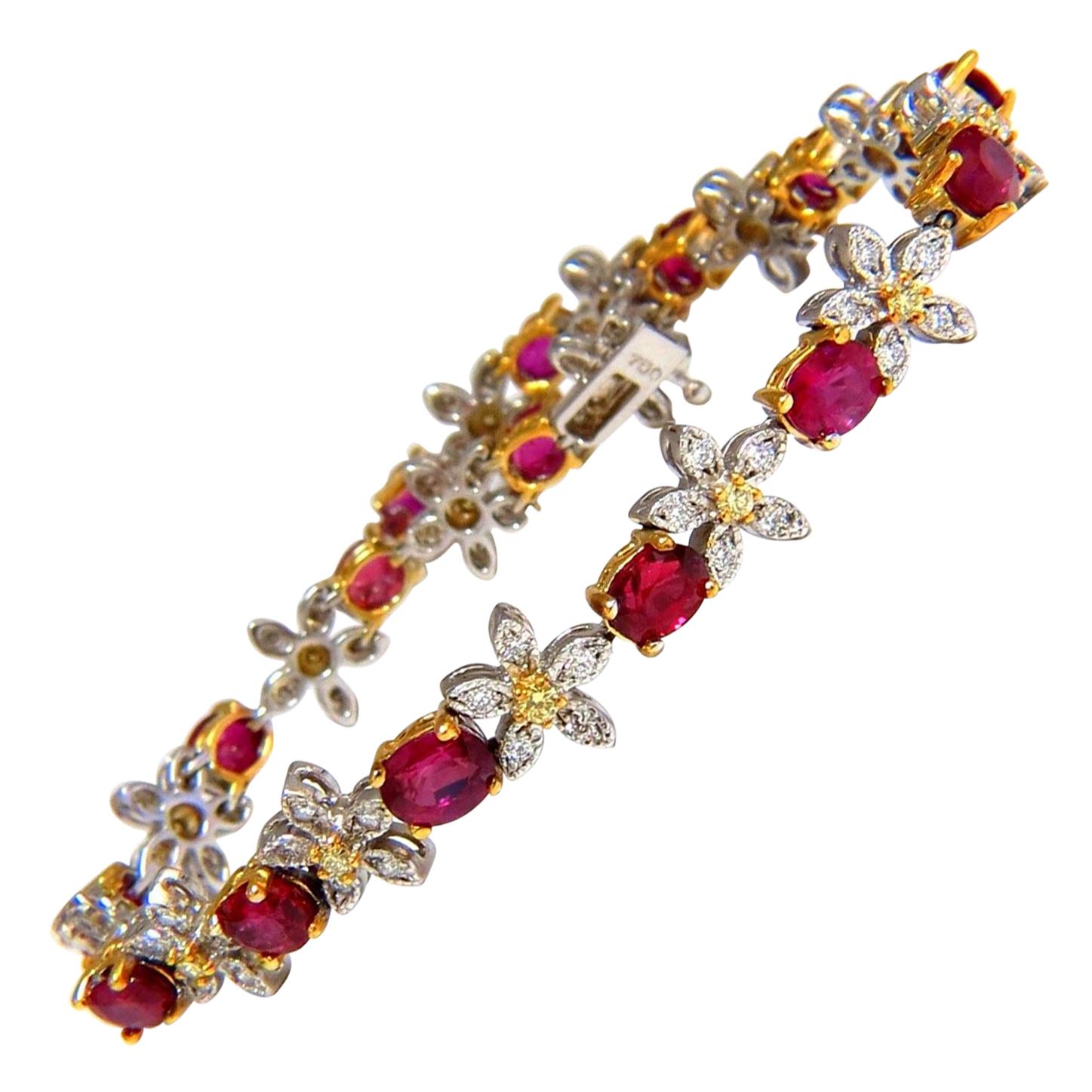 7.28 Carat Red Natural Ruby Diamonds Flower Cluster Tennis Bracelet 18 Karat For Sale