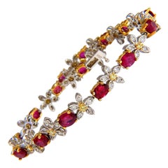 7.28 Carat Red Natural Ruby Diamonds Flower Cluster Tennis Bracelet 18 Karat*