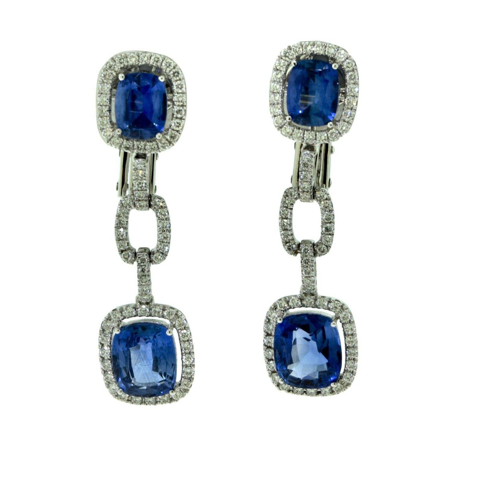 7.28 Carat Sapphire and Diamond White Gold Halo Drop Dangle Earrings In Excellent Condition For Sale In Miami, FL