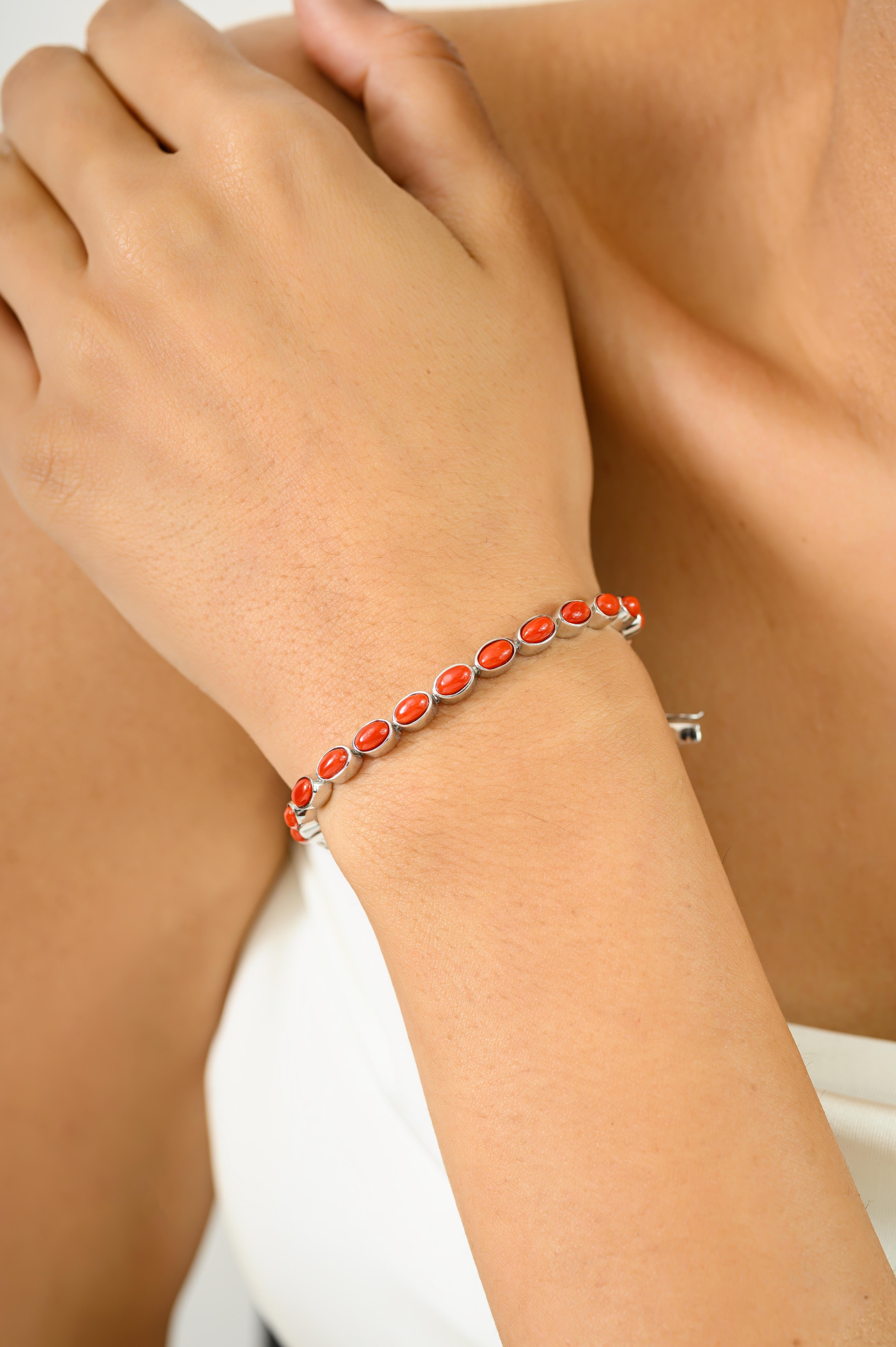 7.28 CT Handgefertigtes echtes Korallenstein 925 Sterling Silber Unisex Armband im Angebot 1