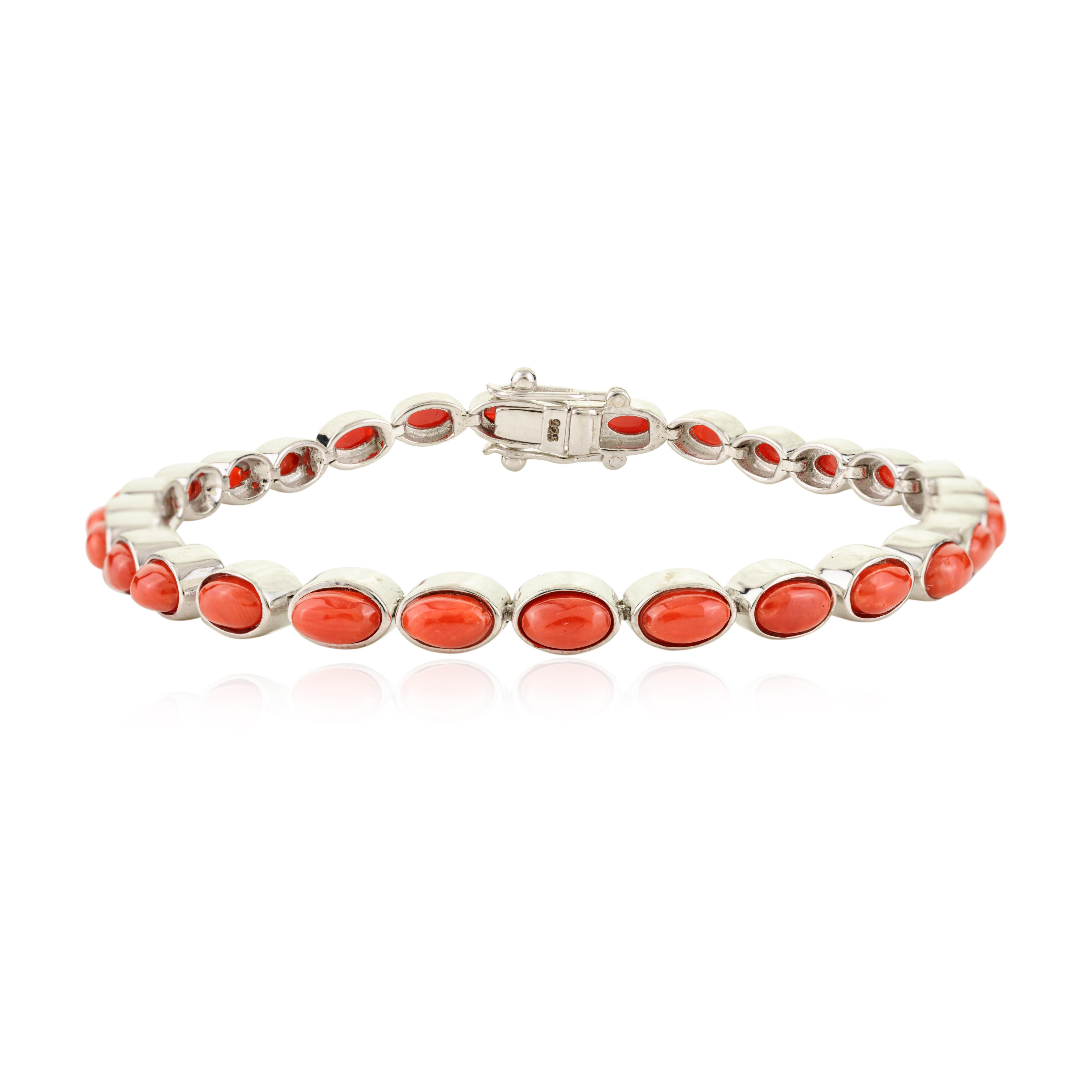 7.28 CT Handgefertigtes echtes Korallenstein 925 Sterling Silber Unisex Armband im Angebot 2