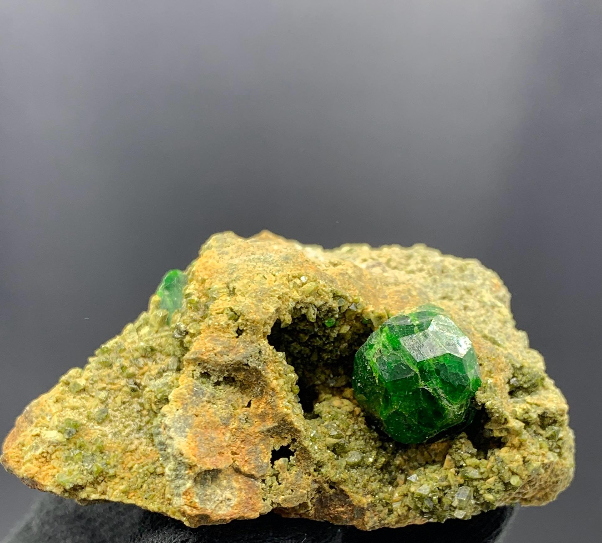 72.81 Gram Pretty Demantoid Garnet Specimen with Mother Rock From Iran 

Weight: 72.81 Gram 
Dimension: 2.9 x 6.2 x 4.2 Cm 
Origin: Belqeys Mountain ( Koh-e-Belgheys), Iran 

Demantoid is the green gemstone variety of the mineral andradite, a member