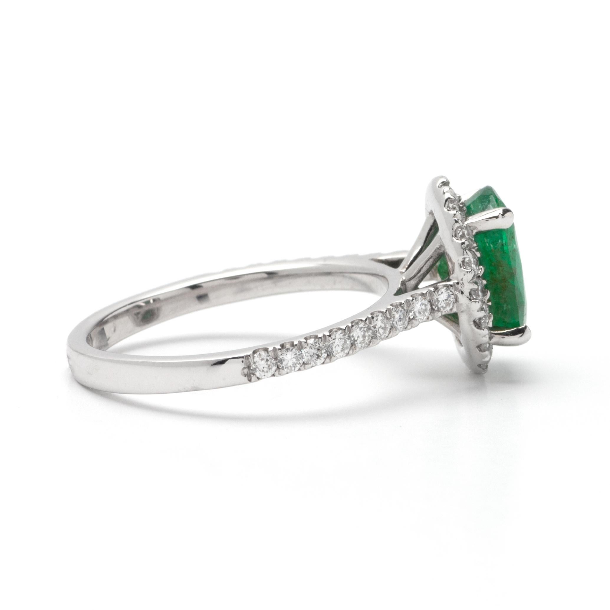 Oval Cut 1.77ct Emerald Halo Ring in 14K White Gold; 0.50ct Side Diamonds For Sale