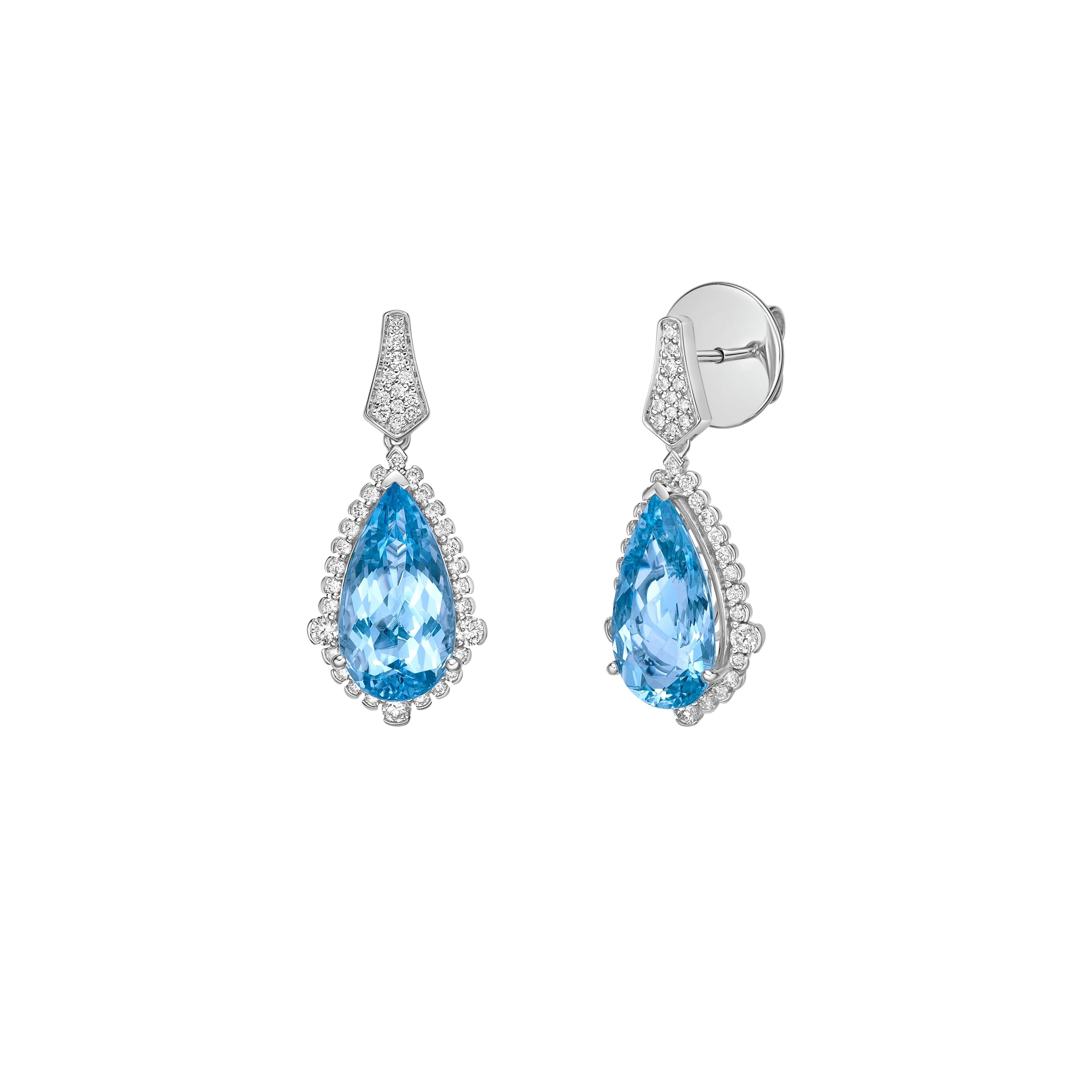 Pear Cut 7.29 Carat Aquamarine Drop Earrings in 18Karat White Gold with White Diamond. For Sale