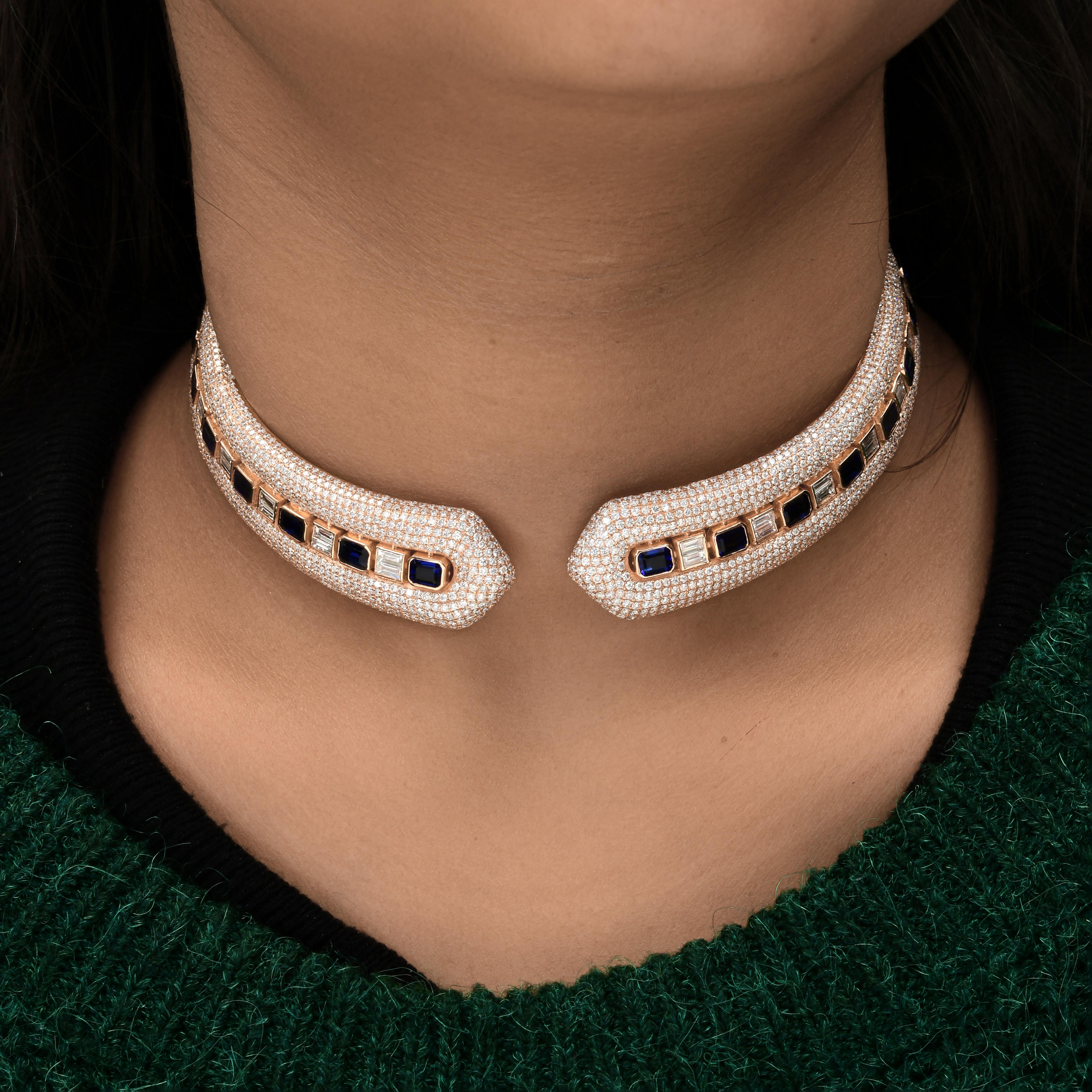 Donna 7,29 carati di gemma blu 18,25 carati di diamante SI/H Collana con girocollo in oro rosa 18k in vendita