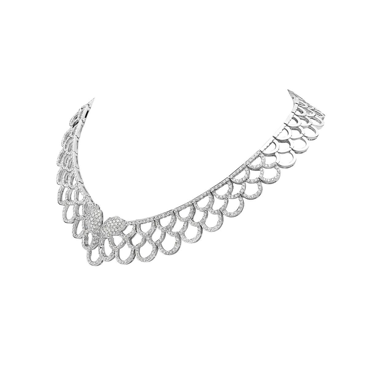 This necklace features 7.29 carats of diamonds set in 18K white gold. Total weight 87.30 grams.  

Made in Italy. 

Viewings available in our NYC showroom by appointment.