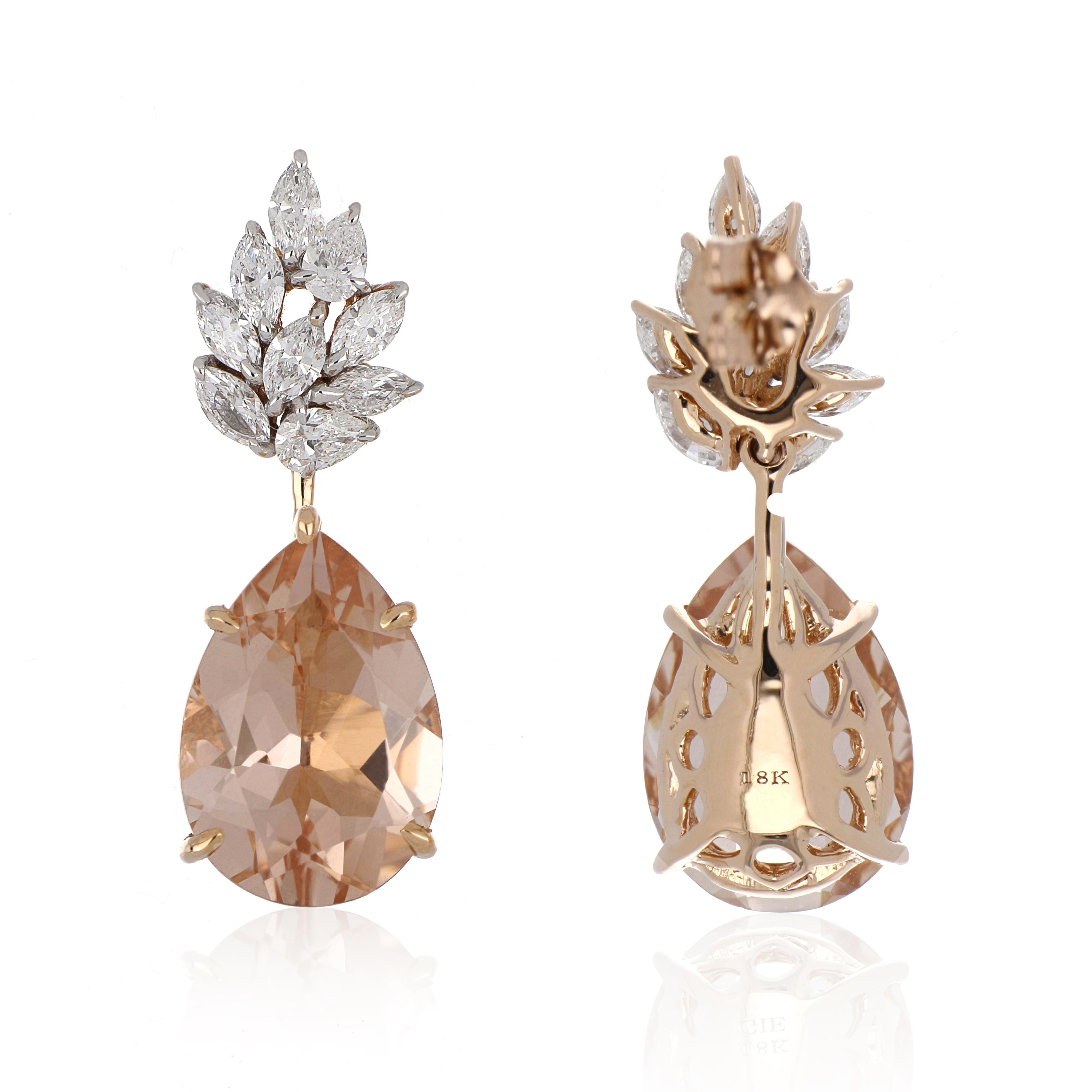 6,85 Karat Morganit-Ohrringe mit Diamanten aus 18 Karat Roségold (Tropfenschliff)