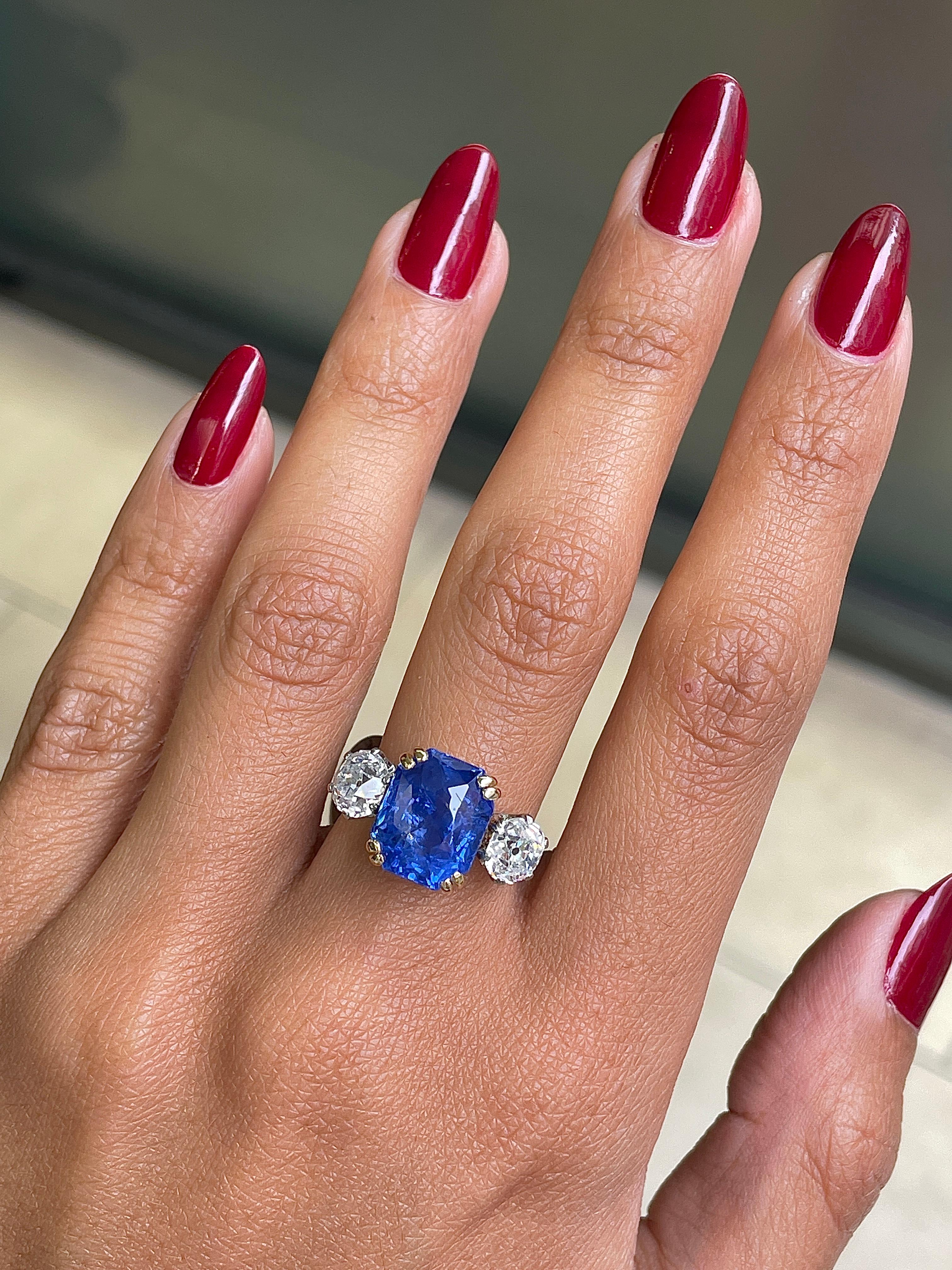 Victorian 7.29 Carat Natural Unheated Sapphire and Old Cut Diamond Three-Stone Ring For Sale