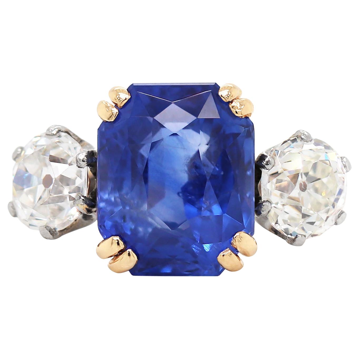 7.29 Carat Natural Unheated Sapphire and Old Cut Diamond Three-Stone Ring For Sale