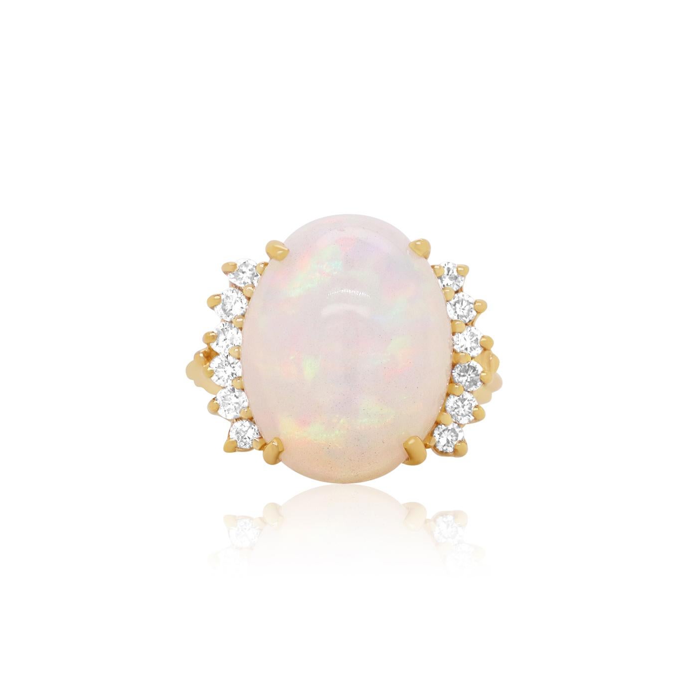 Contemporary 7.29 Carat Oval Shape Opal Round Accenting Diamonds Fashion Ring 14k Yellow Gold