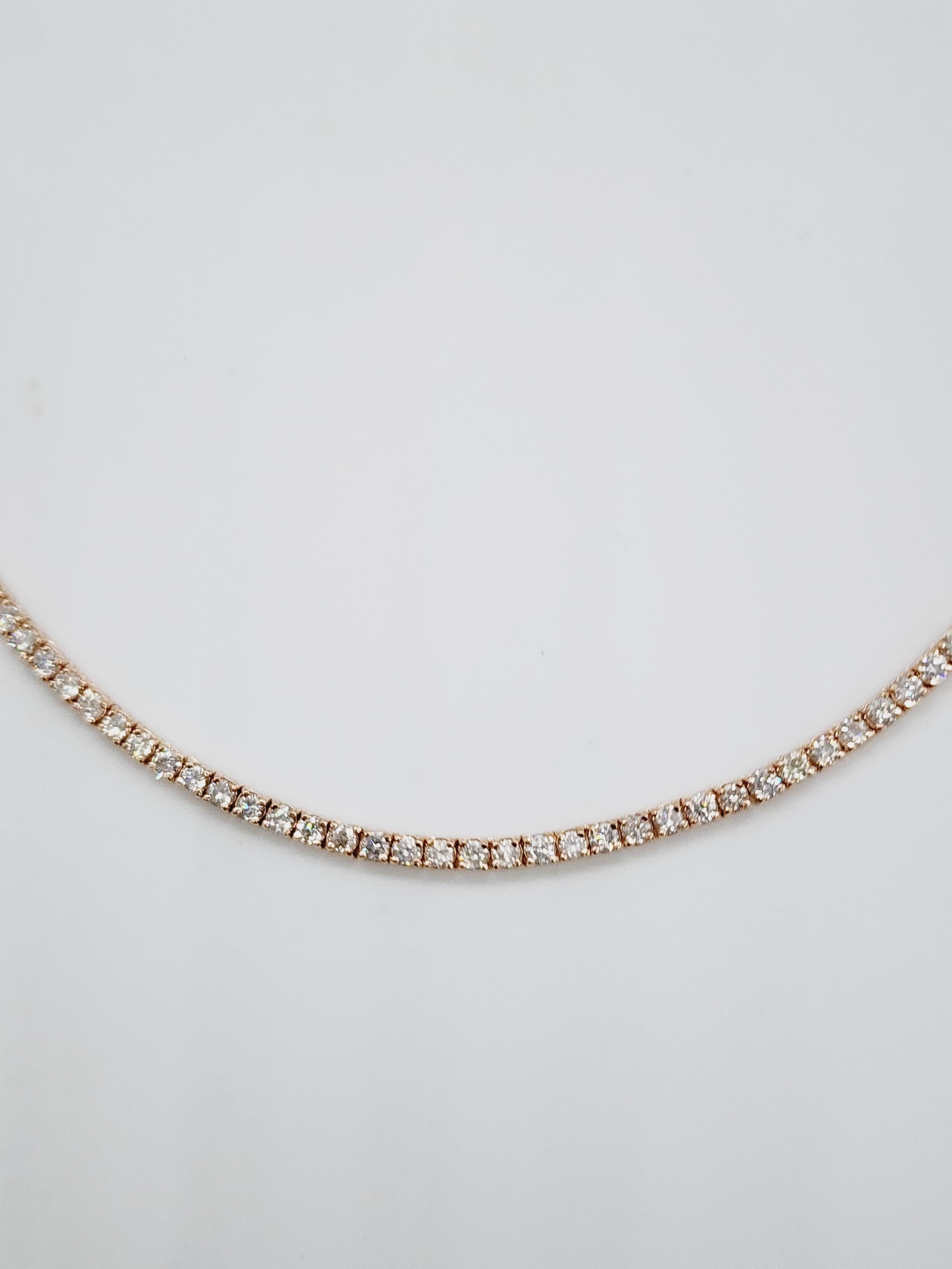 Women's or Men's 7.29 Carat Round Brilliant Cut Diamond Tennis Necklace 14 Karat Rose Gold