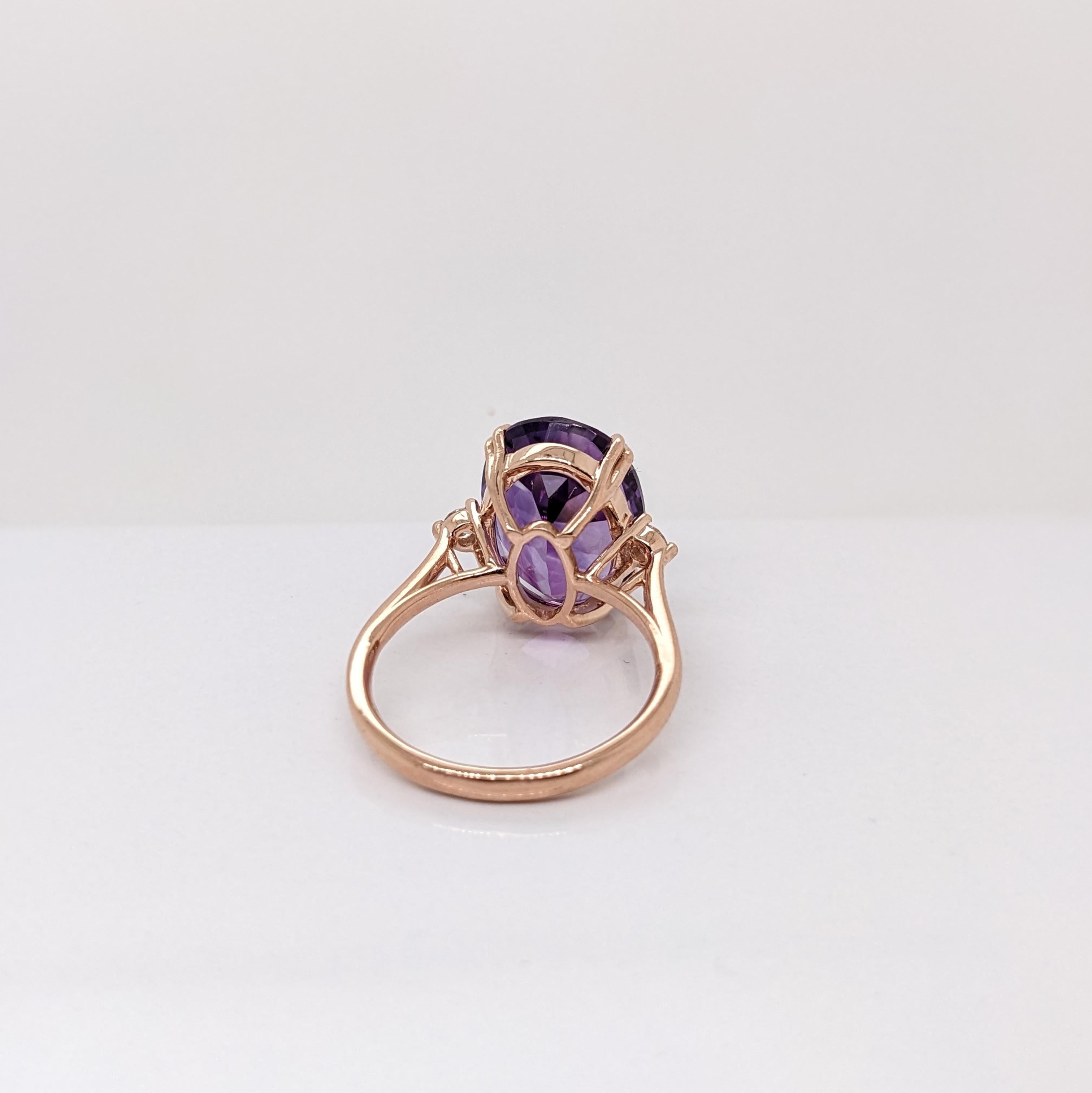 This beautiful ring features a 7.21 carat oval amethyst gemstone with natural earth mined diamonds, all set in solid 14K gold. This ring can be a lovely February birthstone gift for your loved ones! 

Specifications

Item Type: Ring
Center