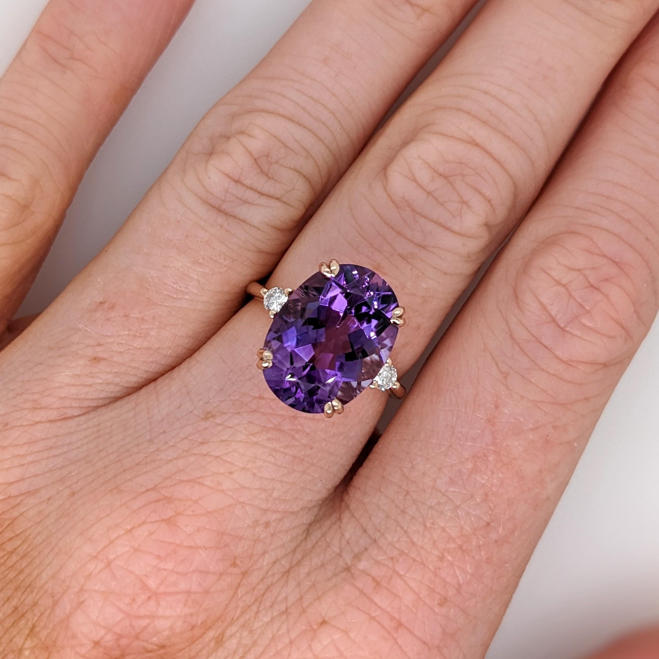 Modern 7.2ct Amethyst Ring w Earth Mined Diamonds in Solid 14K Rose Gold Oval 14x10mm For Sale