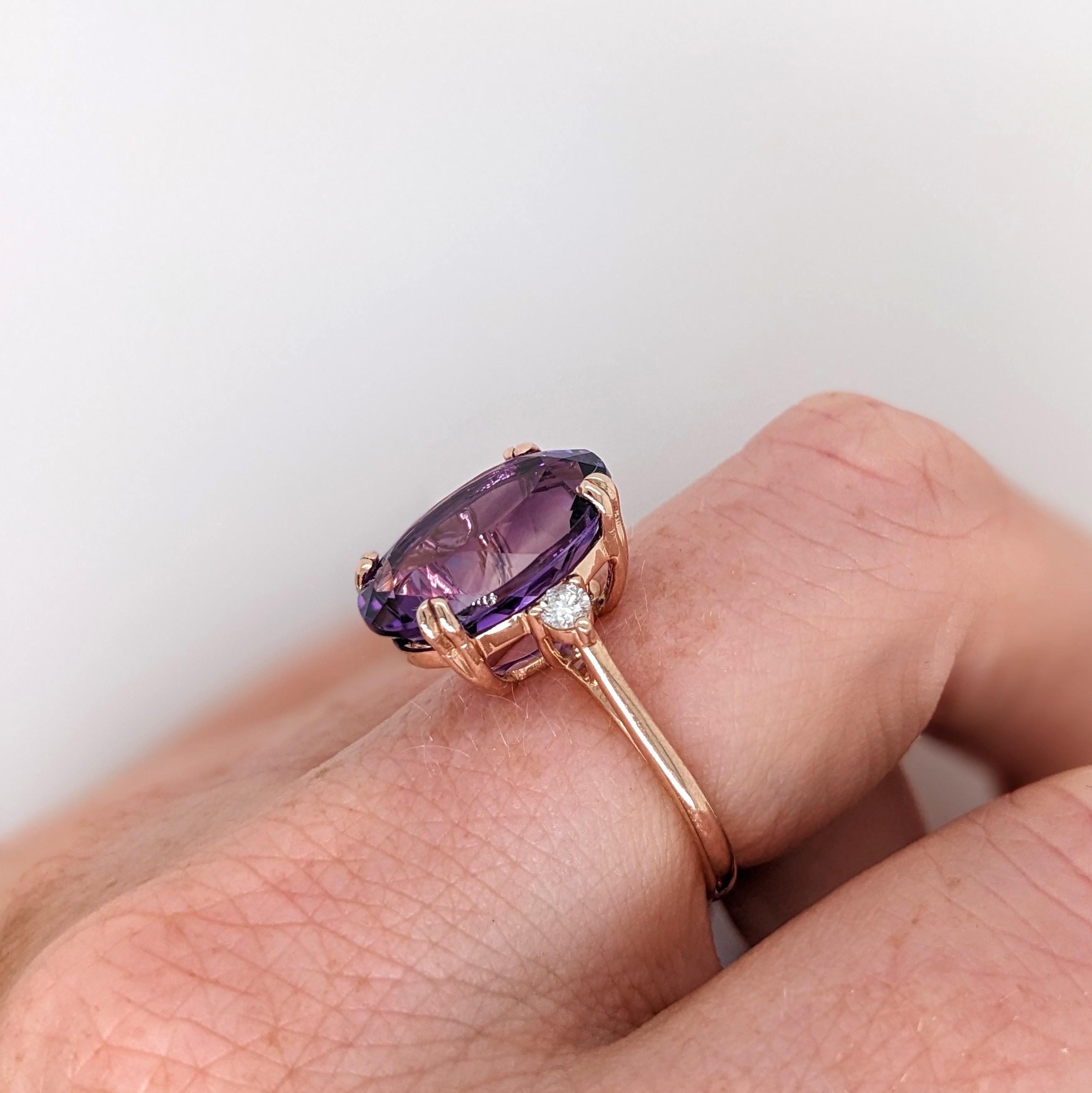 Oval Cut 7.2ct Amethyst Ring w Earth Mined Diamonds in Solid 14K Rose Gold Oval 14x10mm For Sale