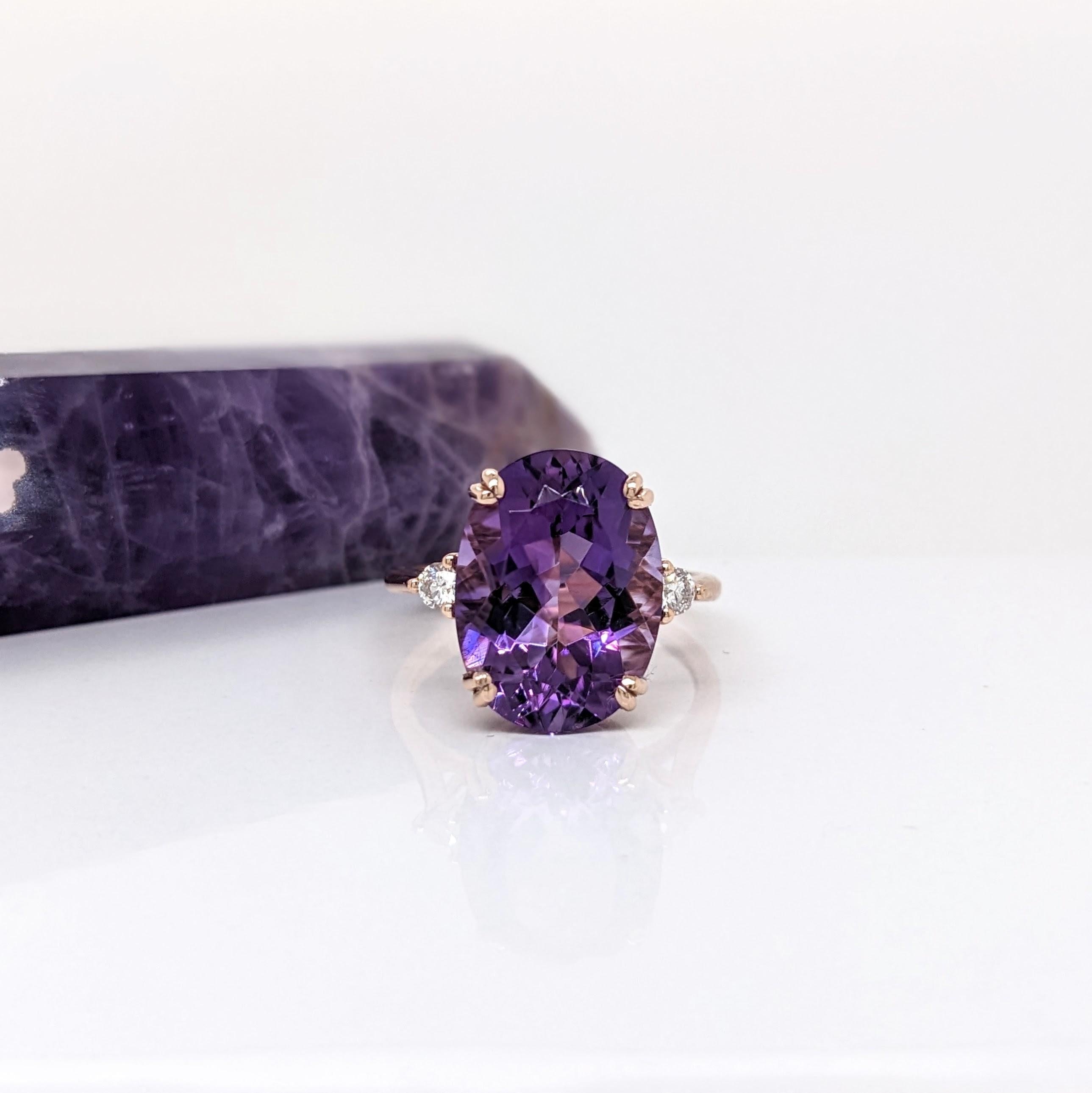 7.2ct Amethyst Ring w Earth Mined Diamonds in Solid 14K Rose Gold Oval 14x10mm In New Condition In Columbus, OH