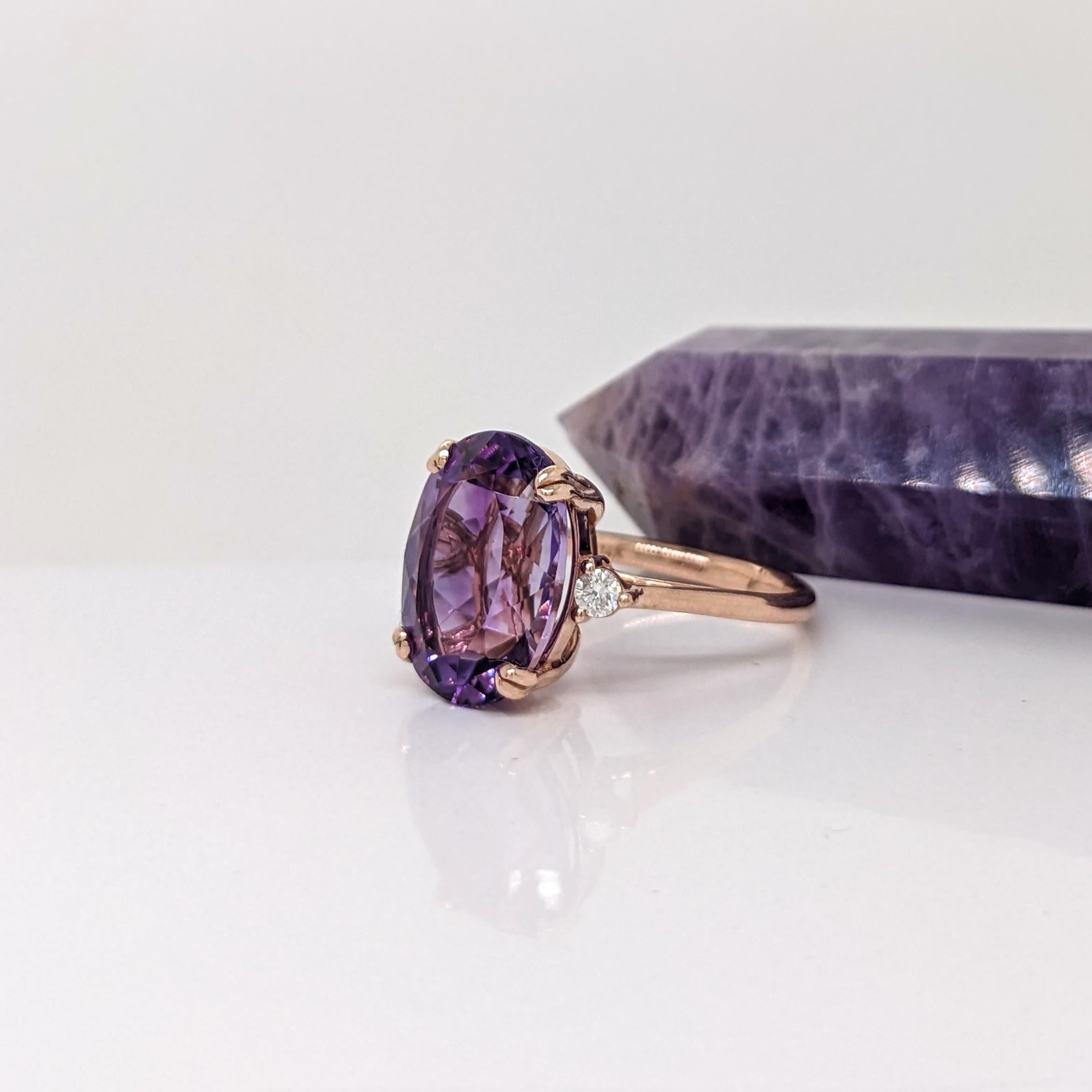 Women's 7.2ct Amethyst Ring w Earth Mined Diamonds in Solid 14K Rose Gold Oval 14x10mm For Sale