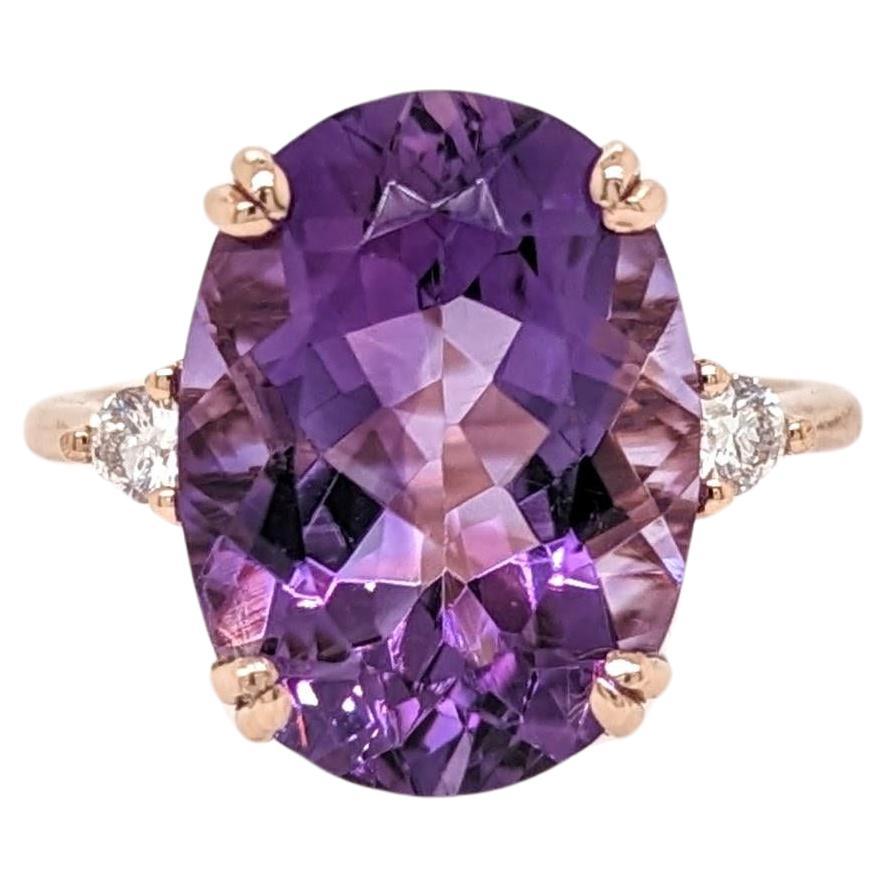 7.2ct Amethyst Ring w Earth Mined Diamonds in Solid 14K Rose Gold Oval 14x10mm For Sale