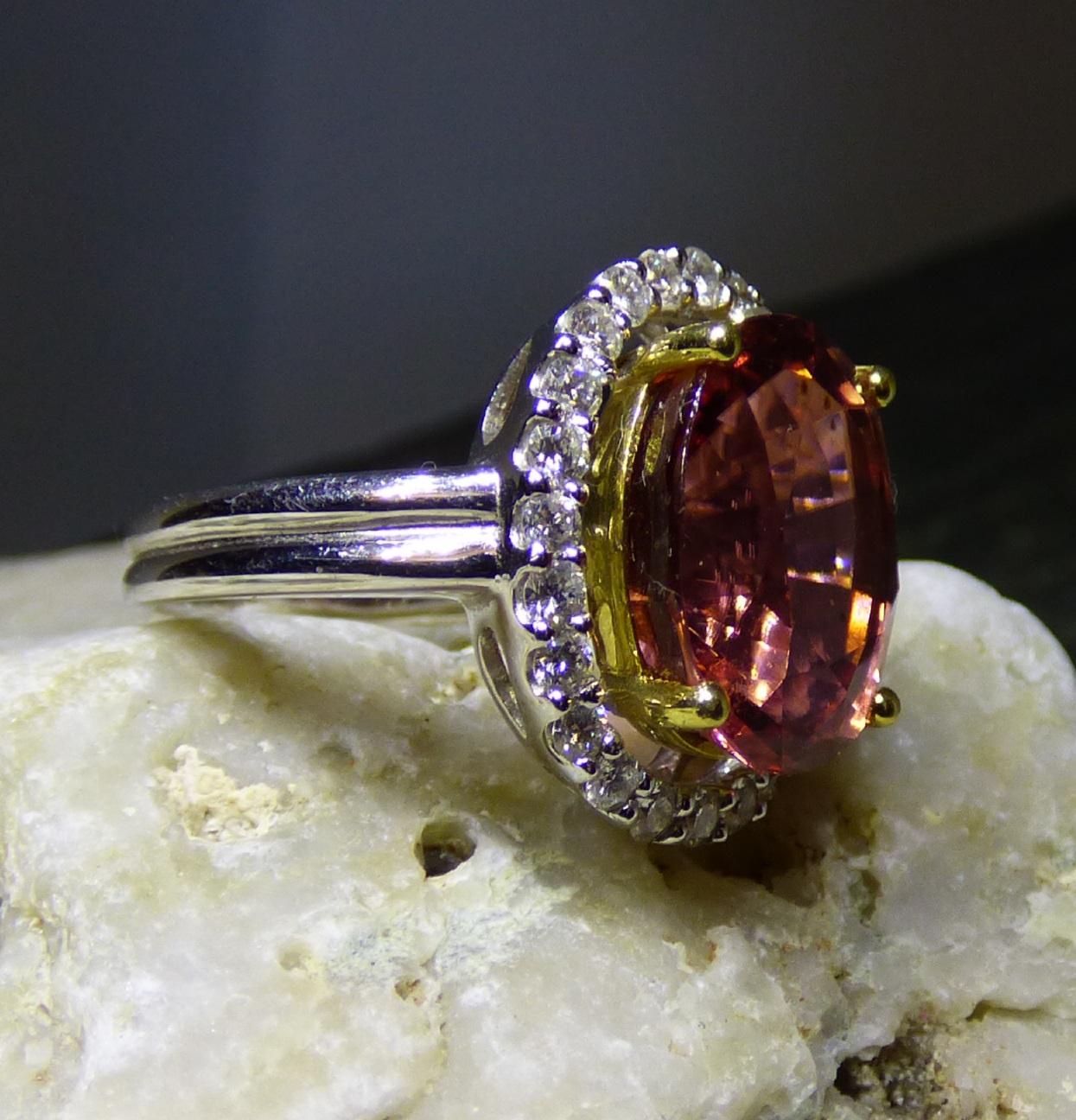 7.2ct. Oval Pink Tourmaline and Diamond Cluster Ring in 18K gold For Sale 3