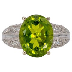 7.2Ct Peridot Ring with Earth Mined Diamond Halo: Solid 14K Gold, Oval 13x10mm